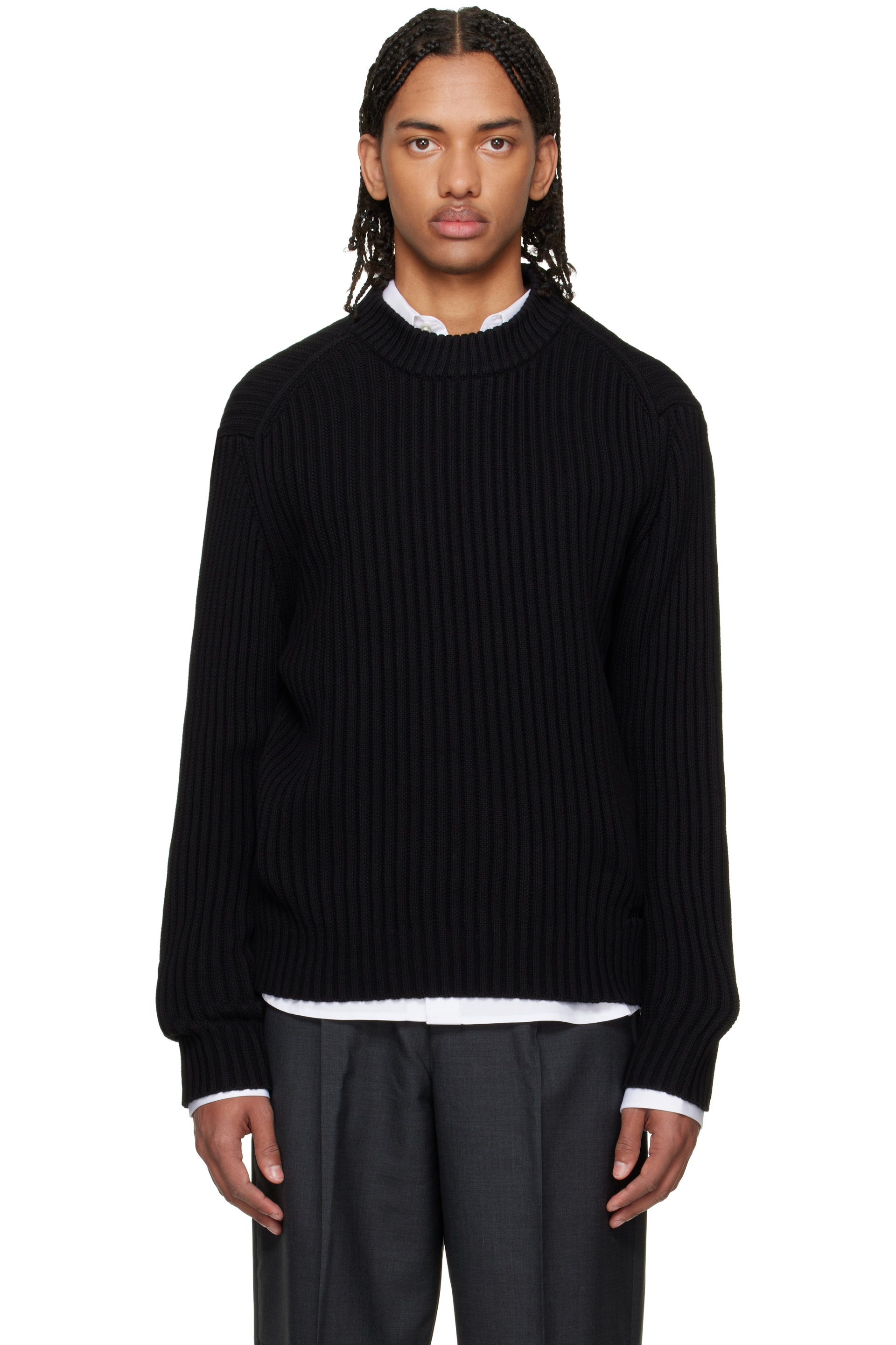 Hugo - Black Relaxed-Fit Ribbed Cotton Sweater