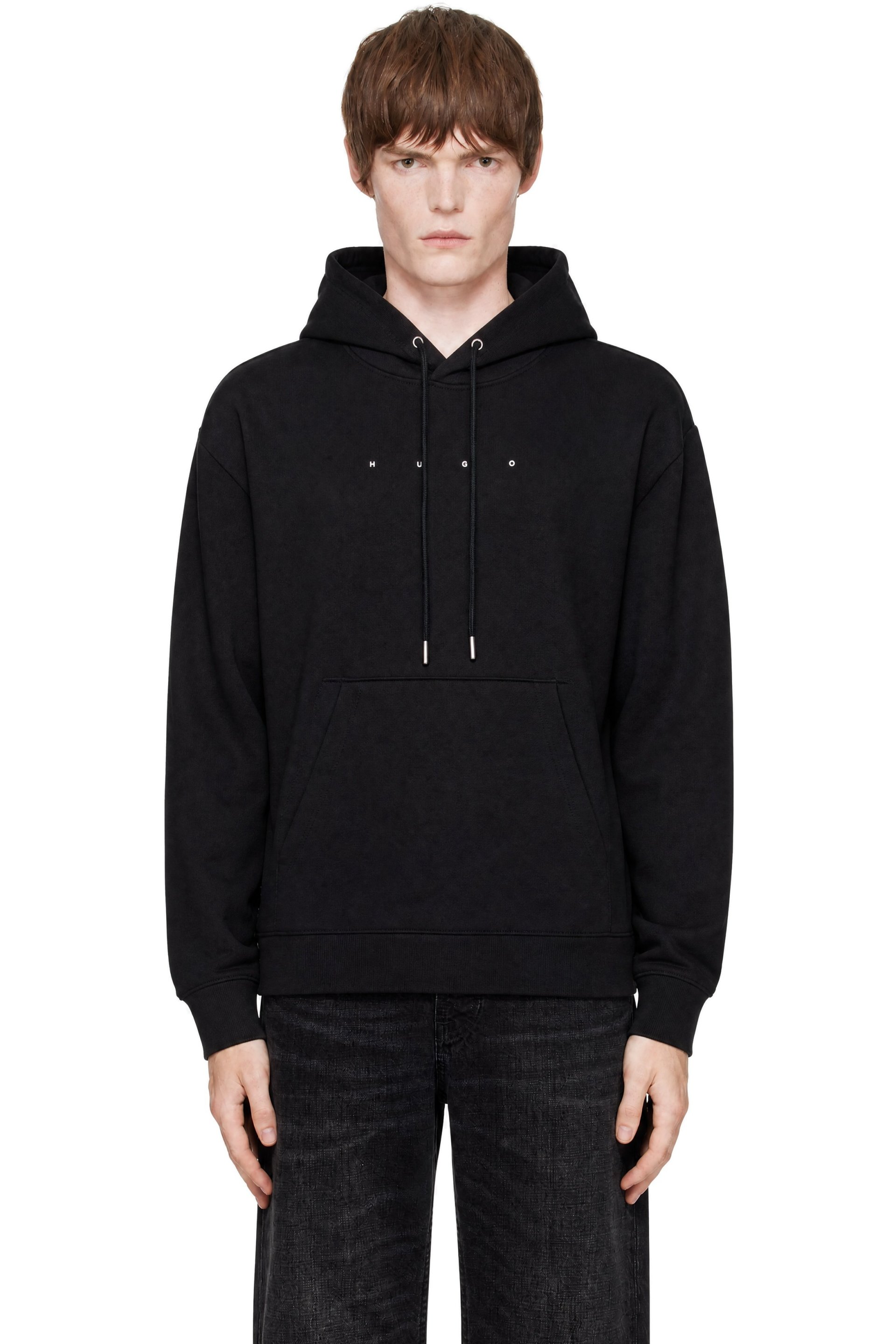 Hugo - Black Oversized-Fit Front & Back Logo Prints Hoodie