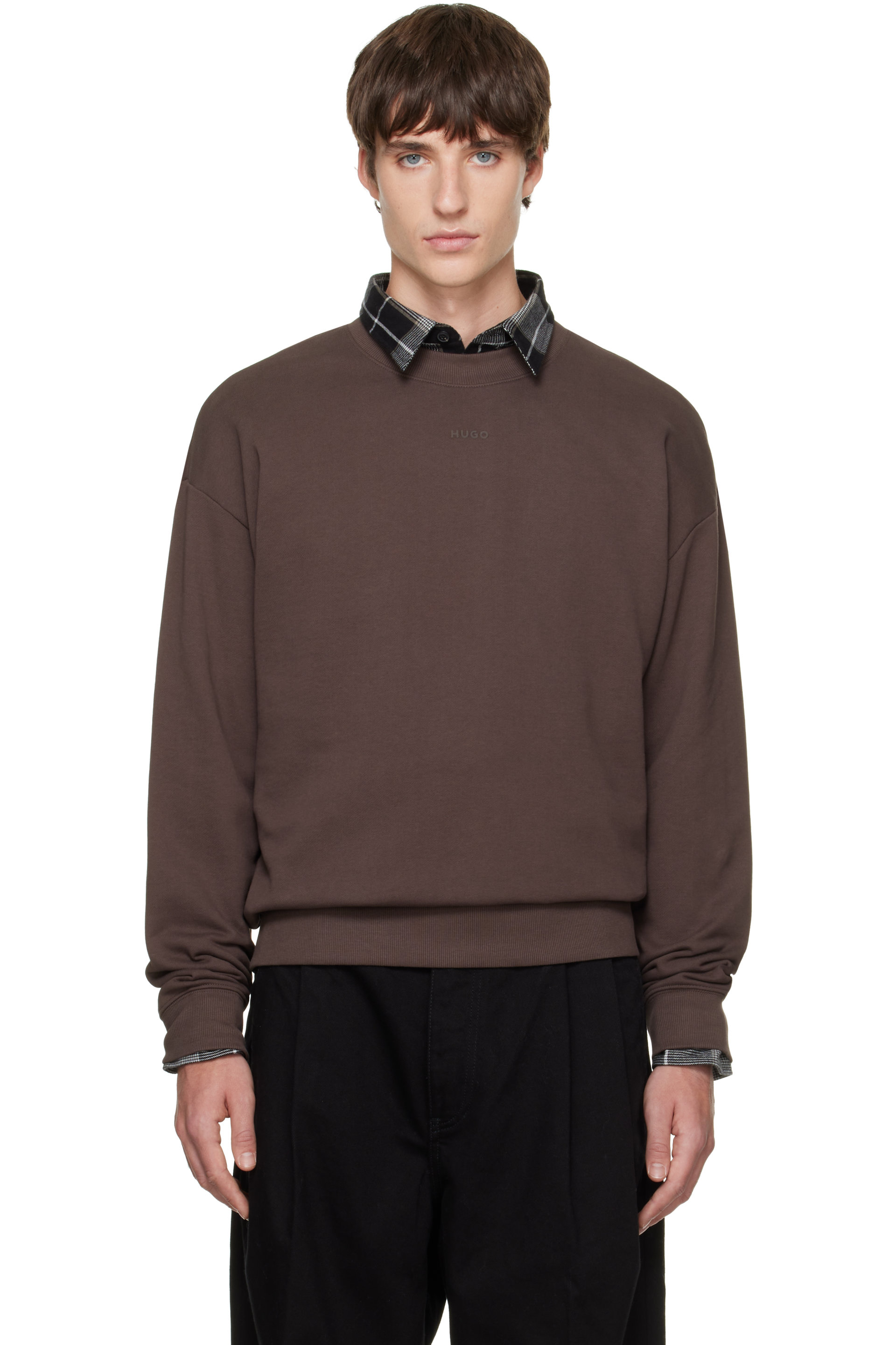 Hugo - Pull molletonné décontracté brun en jersey bouclette de coton à logo