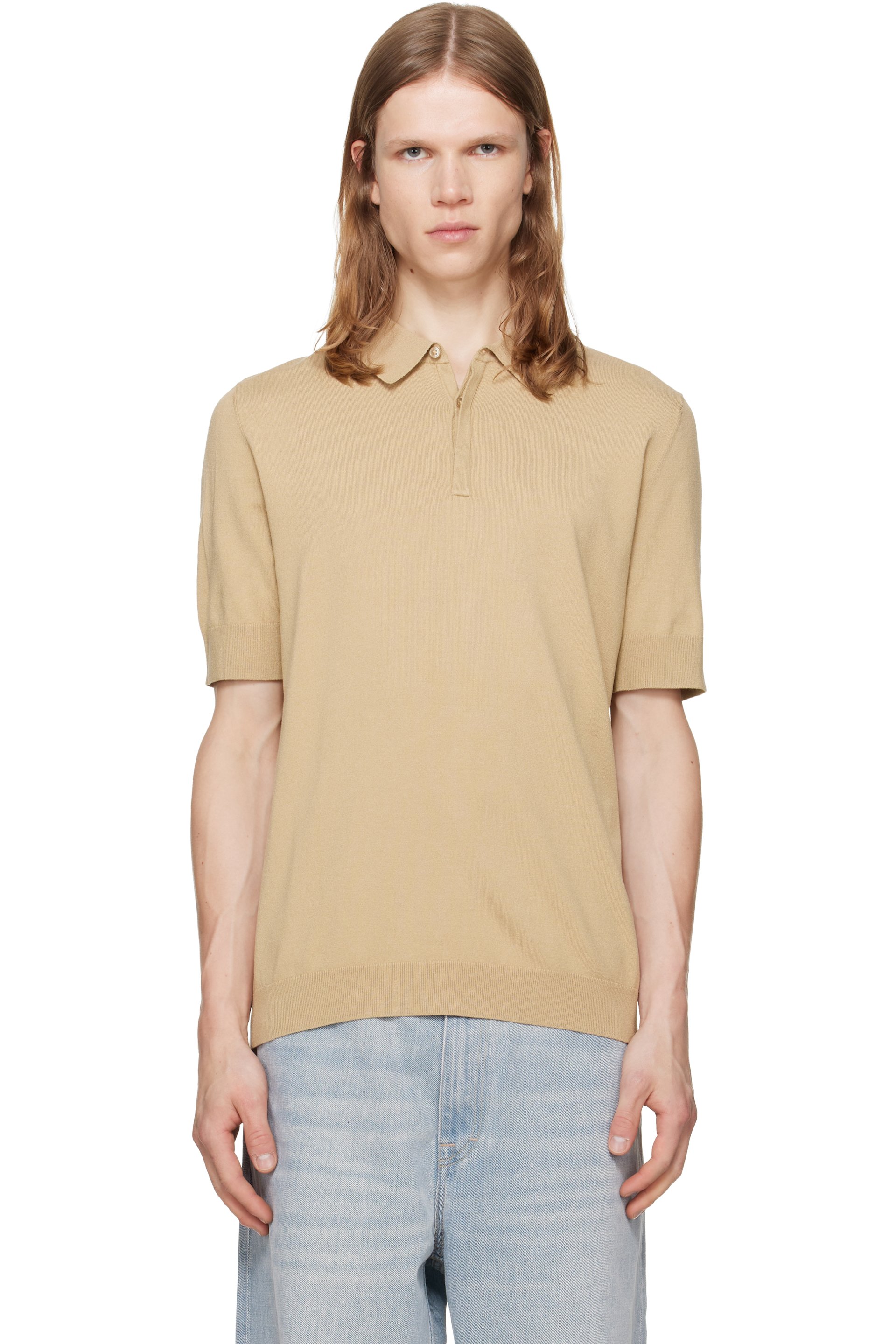 Hugo - ベージュ Covered-Placket ニットポロシャツ