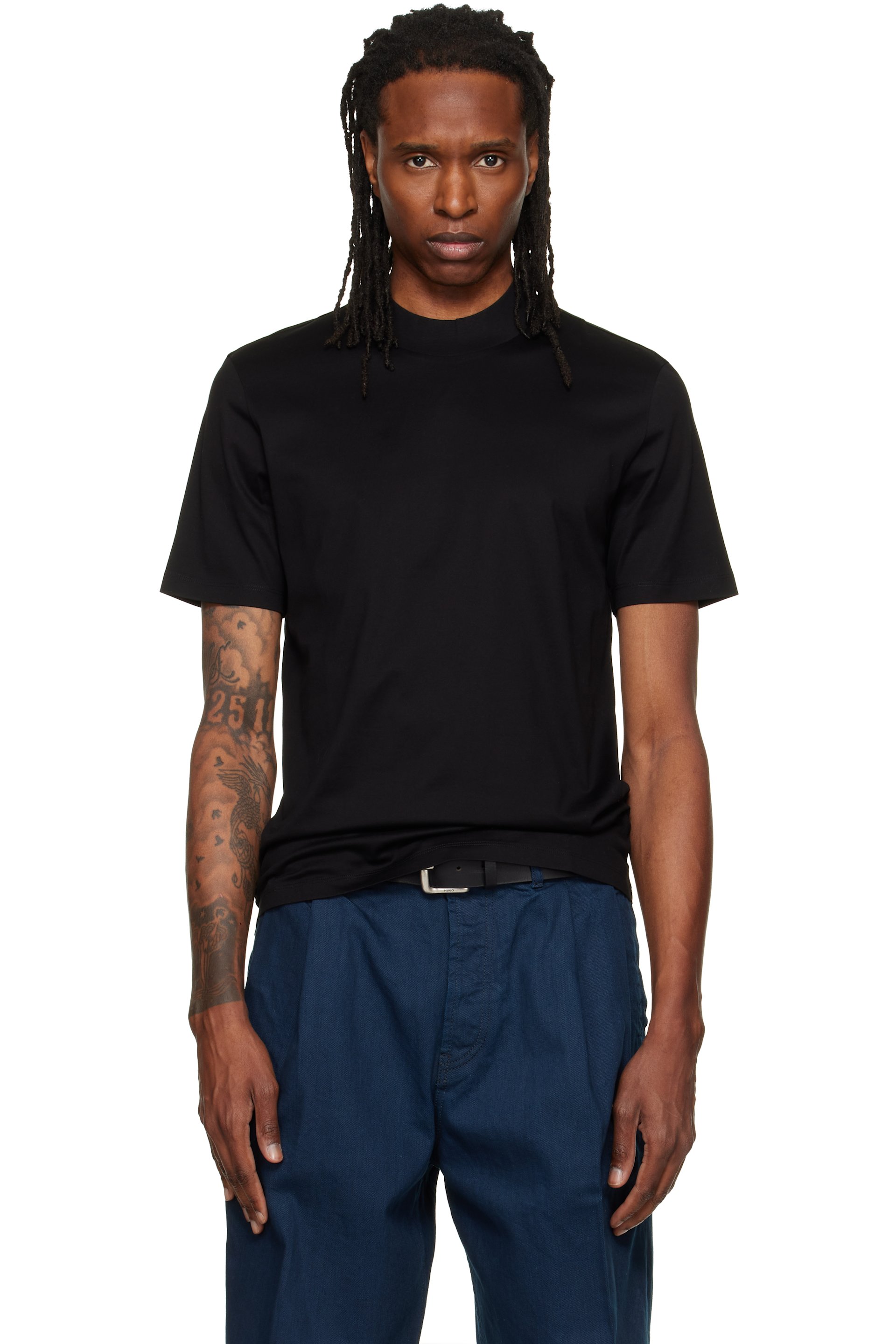 Hugo - ブラック スタンドカラー スリムフィット ストレッチコットン Tシャツ