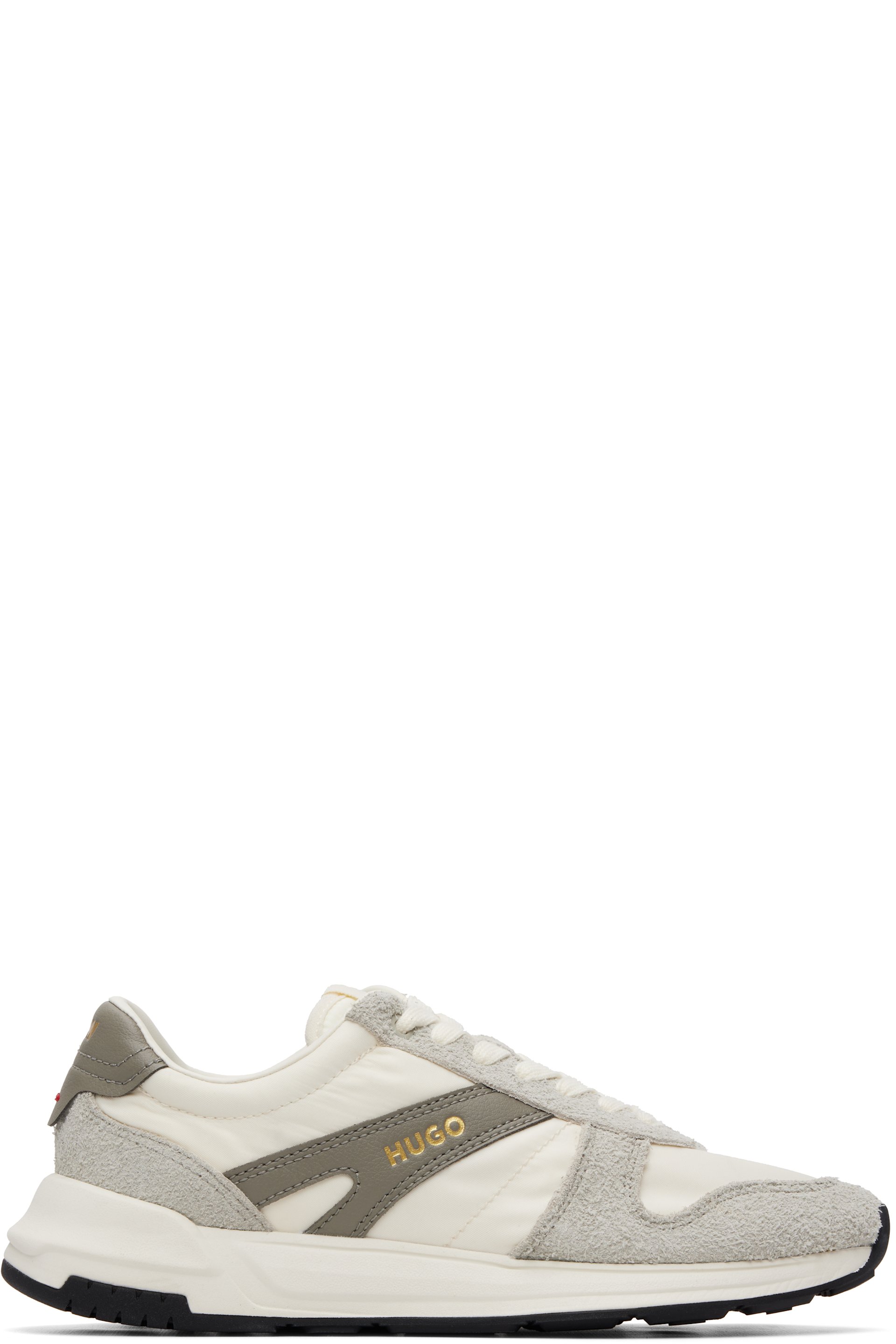 Hugo - Off-White & Gray Logo Detail Suede-Trim Sneakers