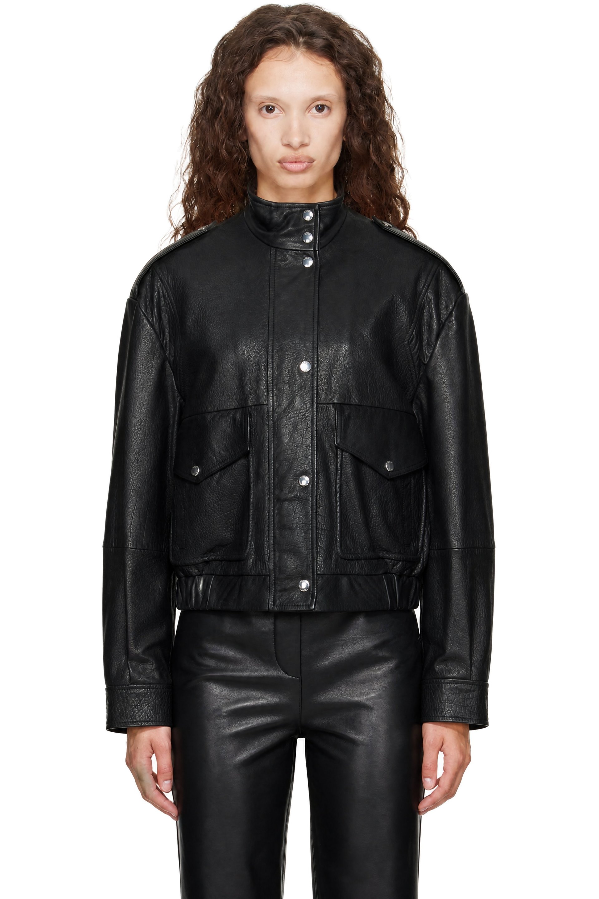 BOSS - Black Stand Collar Grained Leather Jacket