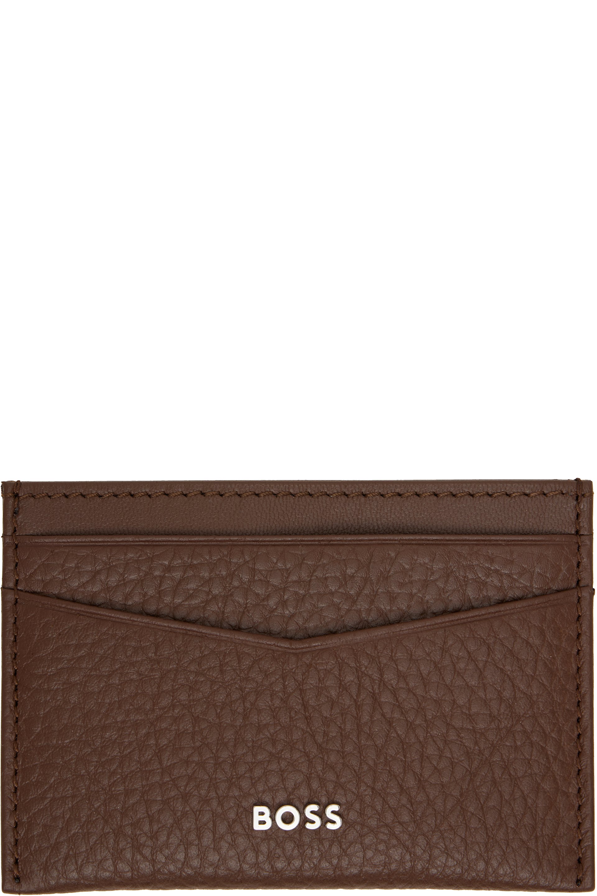 BOSS - Brown Grained-Leather Metal Logo Card Holder