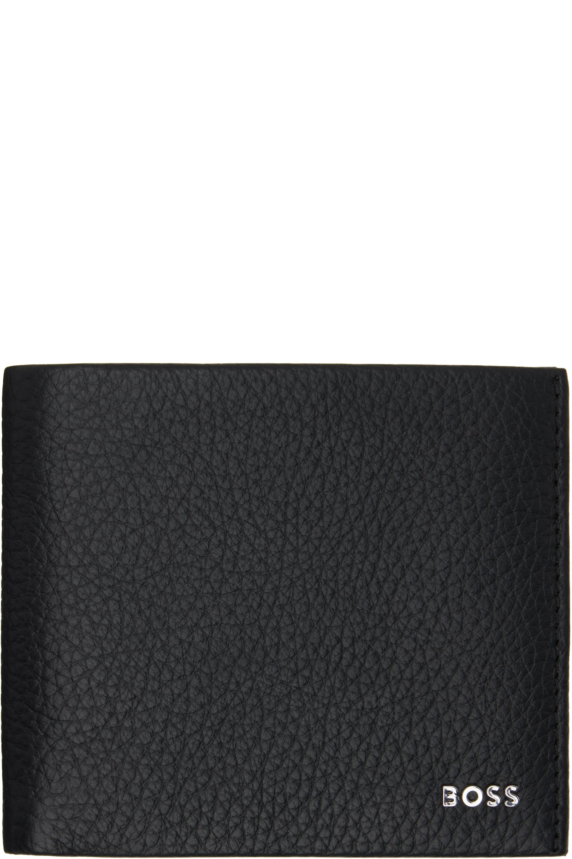 Boss - Portefeuille noir en cuir grainé à ferrures à logo