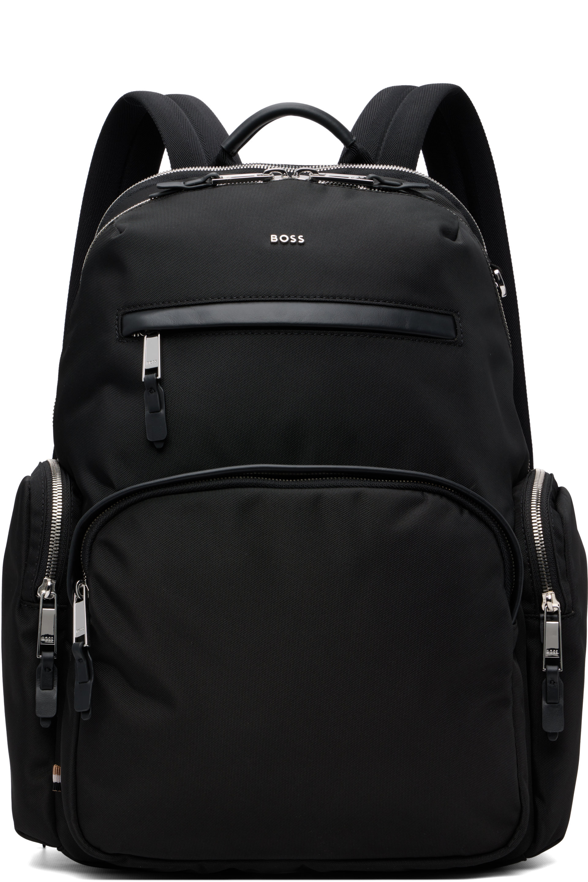 BOSS - Black Multi-Pocket Leather Trim Backpack