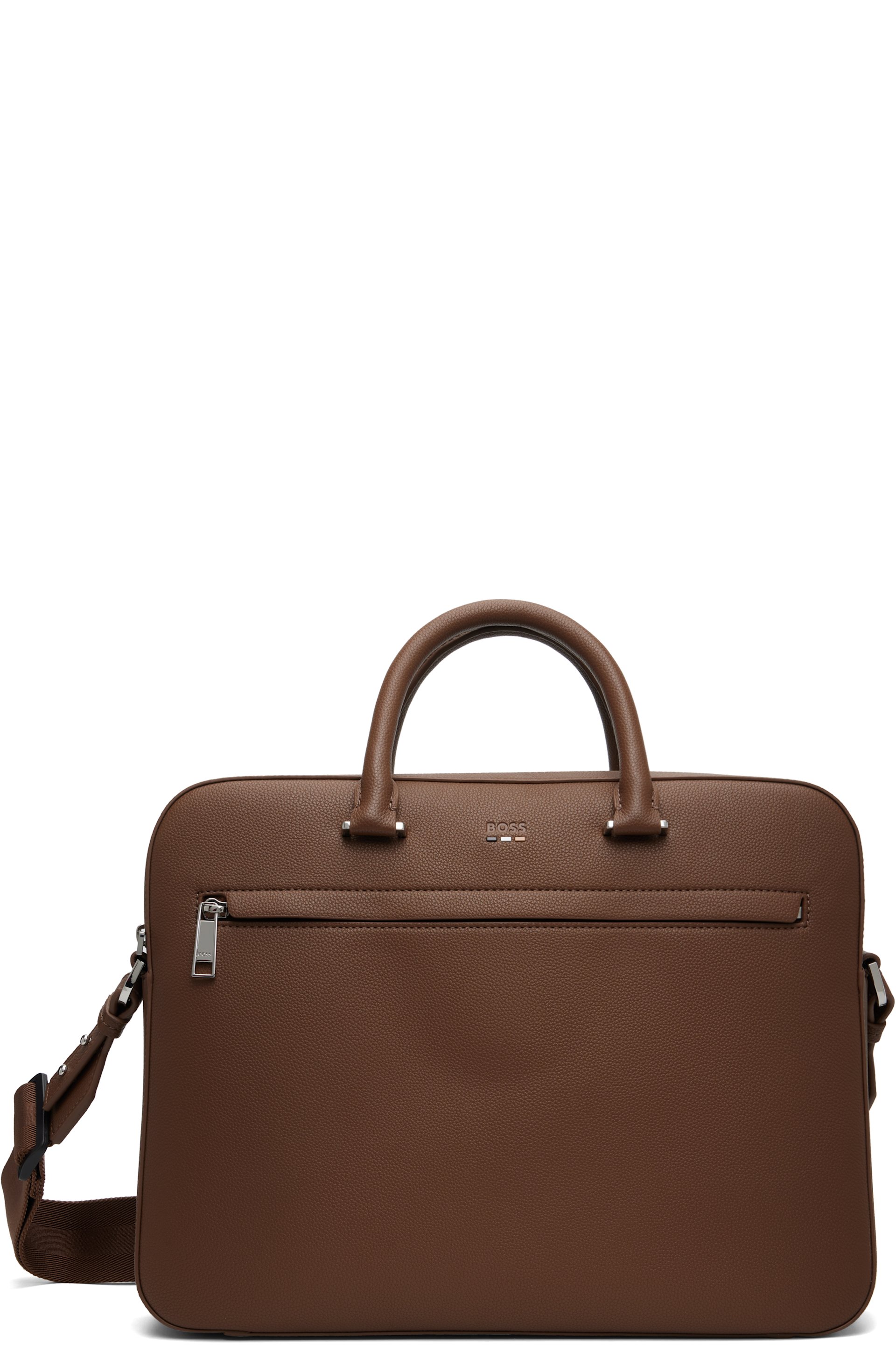 BOSS - Brown Grained Faux-Leather Briefcase
