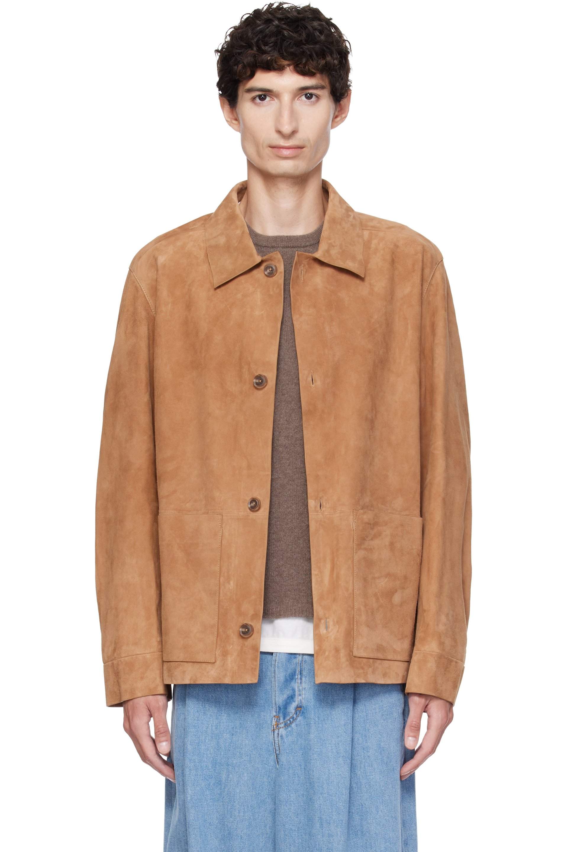 BOSS - Tan Button-Up Suede Checkered Lining Leather Jacket