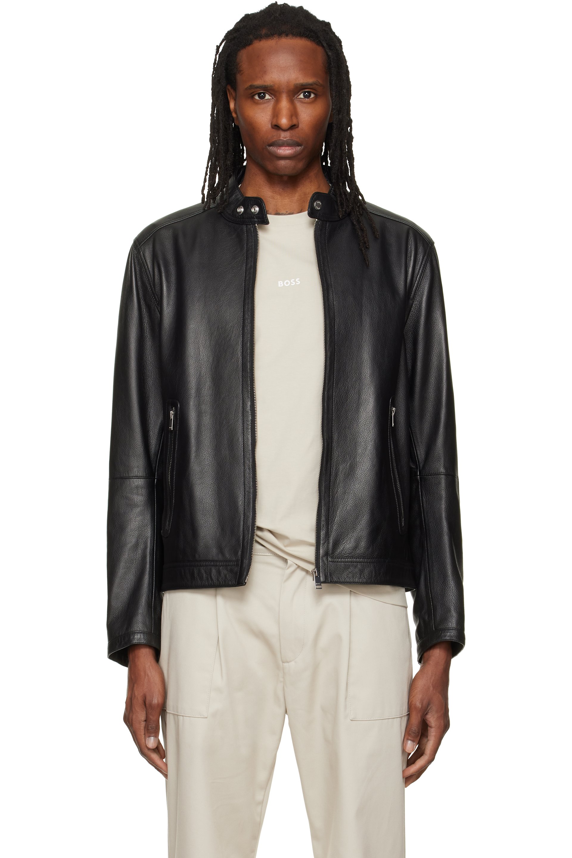 BOSS - Black Logo Trim Grained Leather Jacket