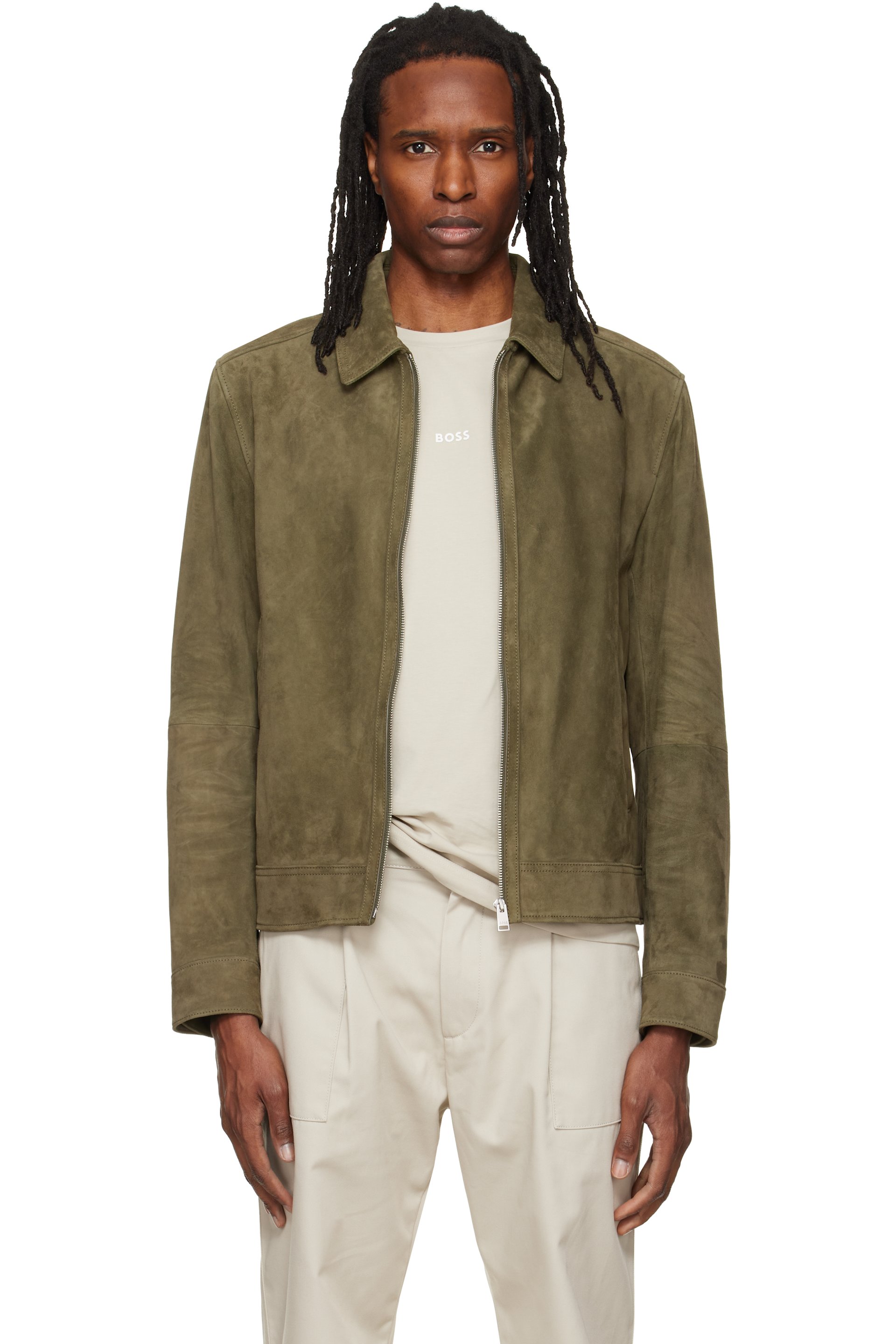 BOSS - Khaki Zipper Closure Suede Jacket