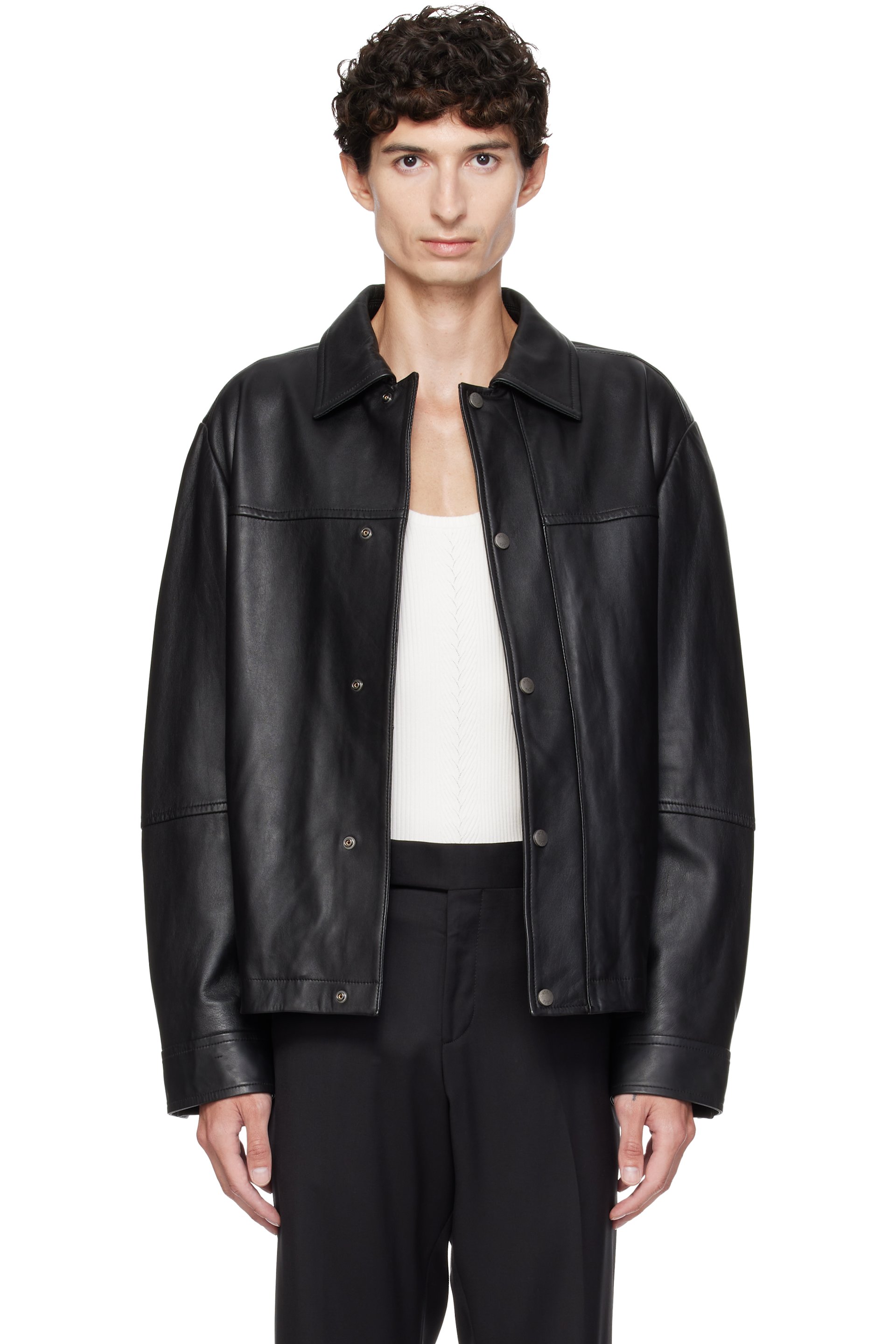 BOSS - Black Regular-Fit Metal Logo Buttons Leather Jacket