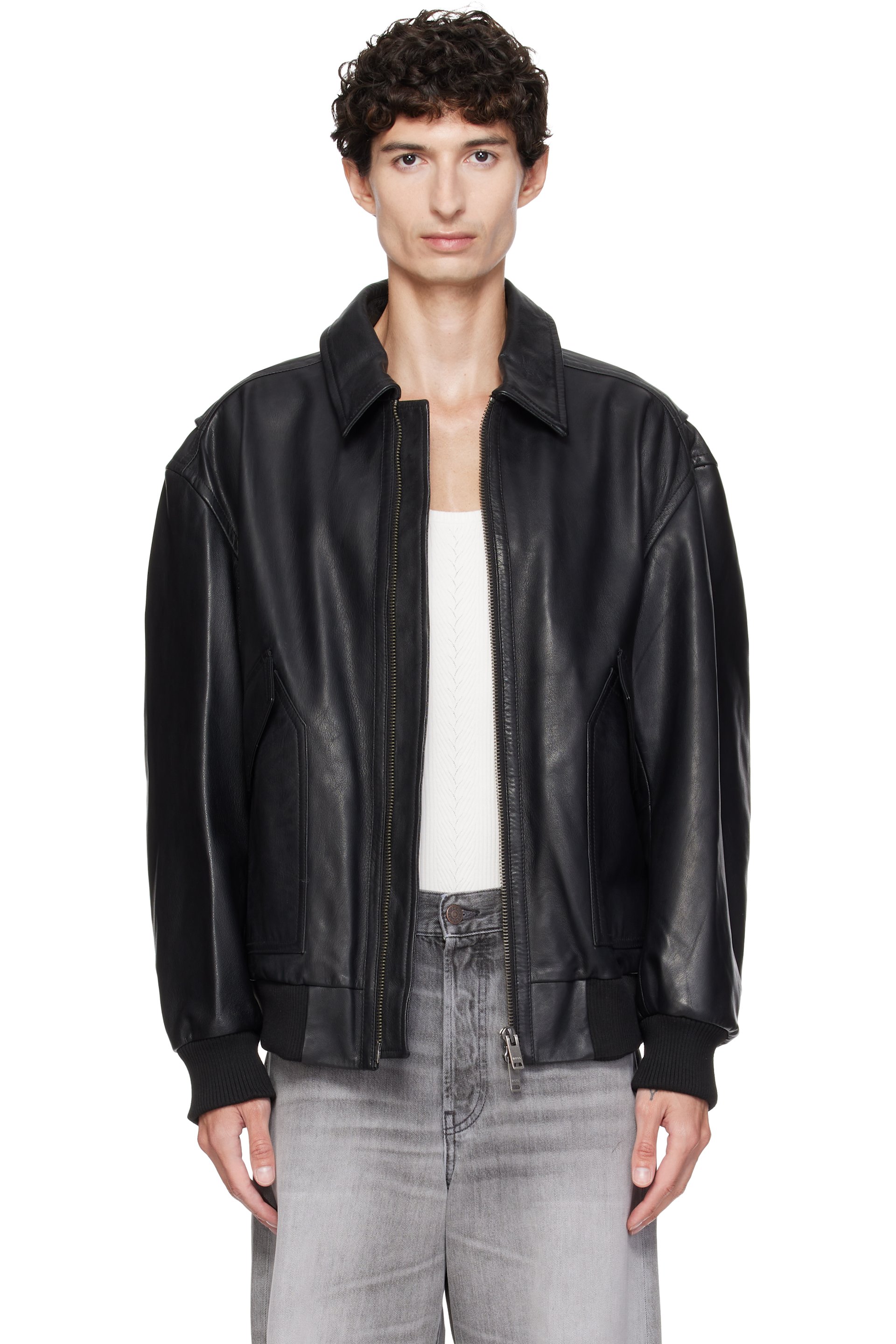 BOSS - Black Washed Aviator Leather Jacket
