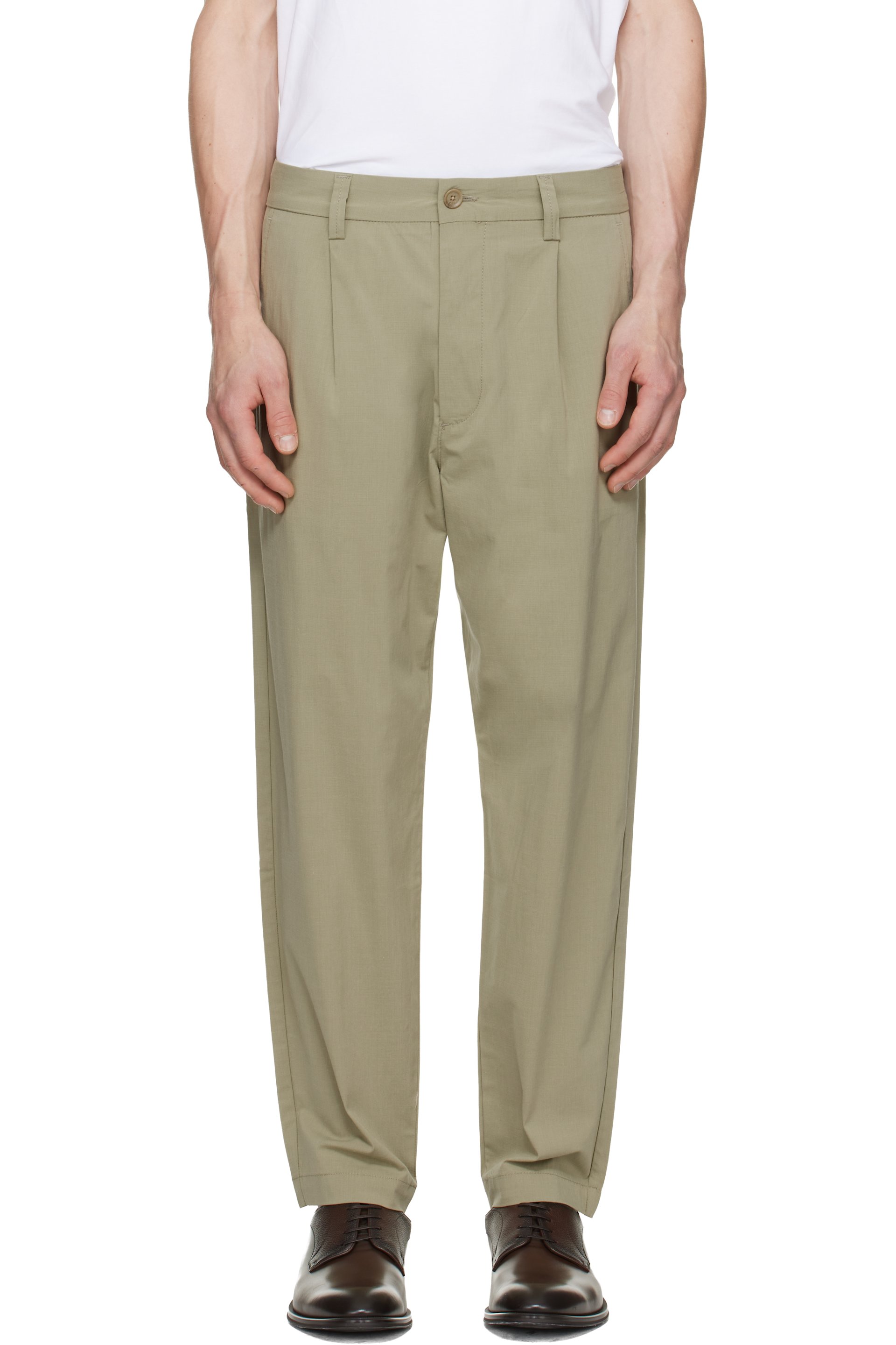 BOSS - Beige Pleated Stretch Cotton Trousers