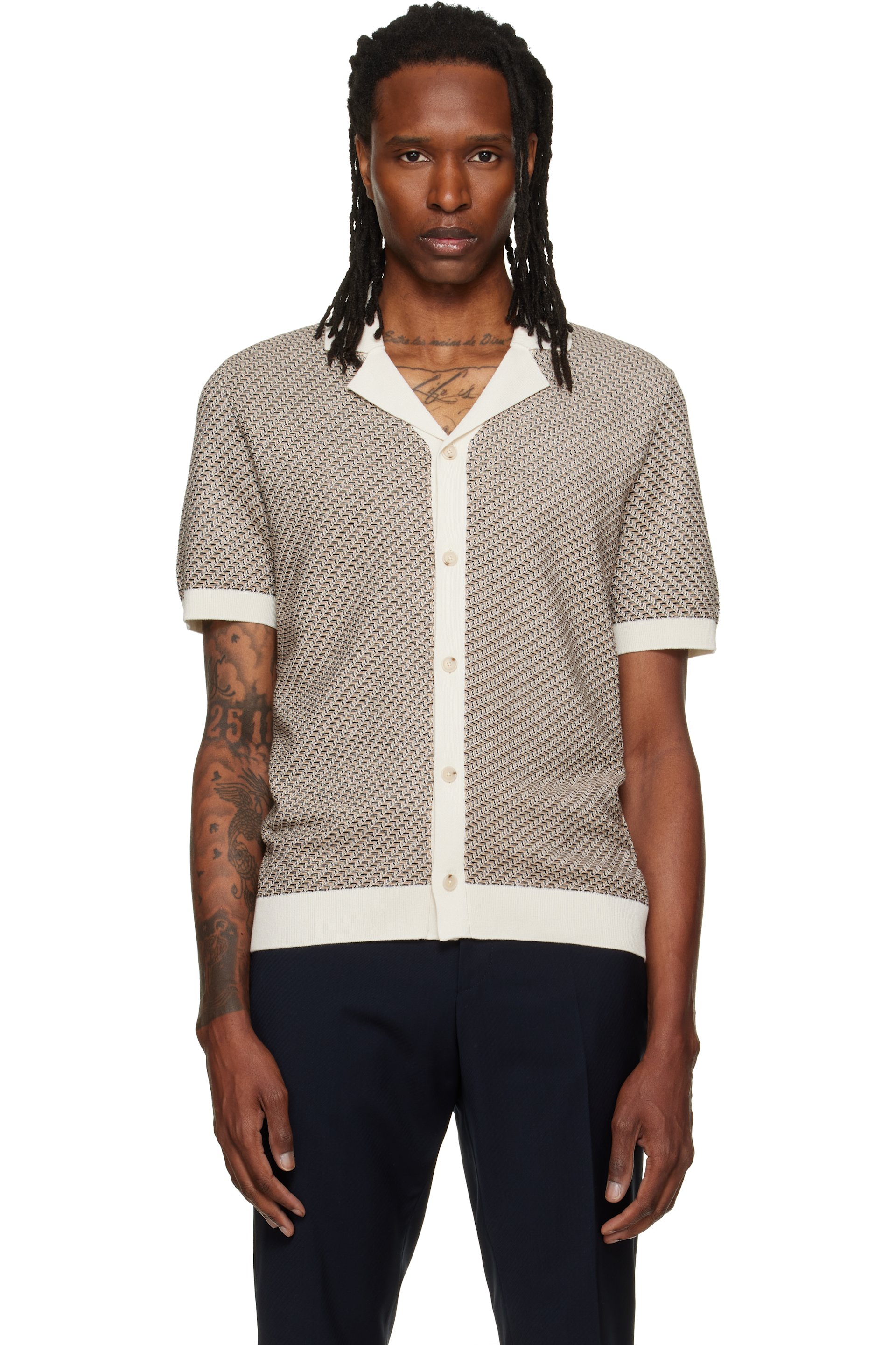 Boss - Chemise à manches courtes de style cardigan brun clair en tricot
