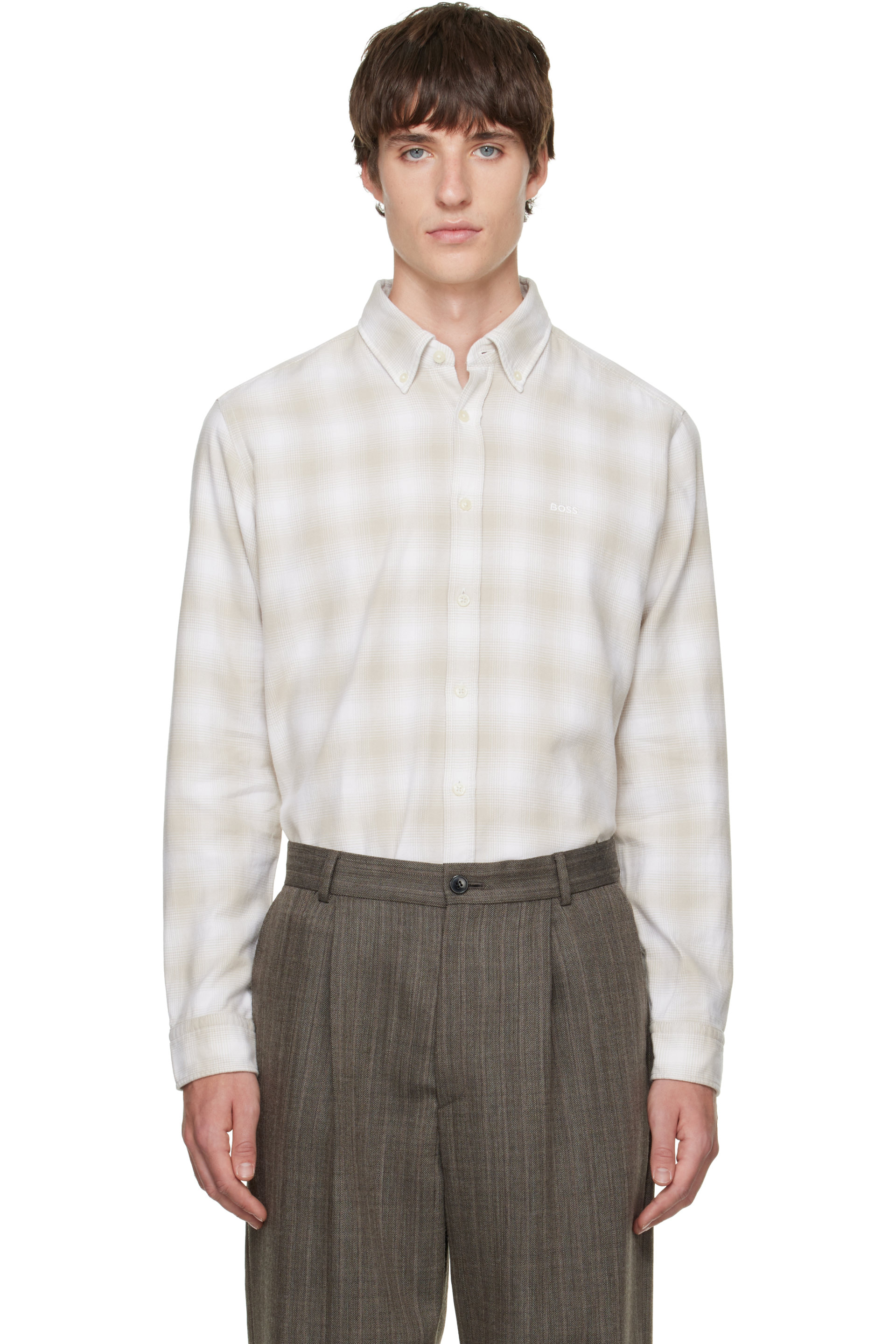 BOSS - Beige Regular-Fit Button-Down Check Flannel Shirt