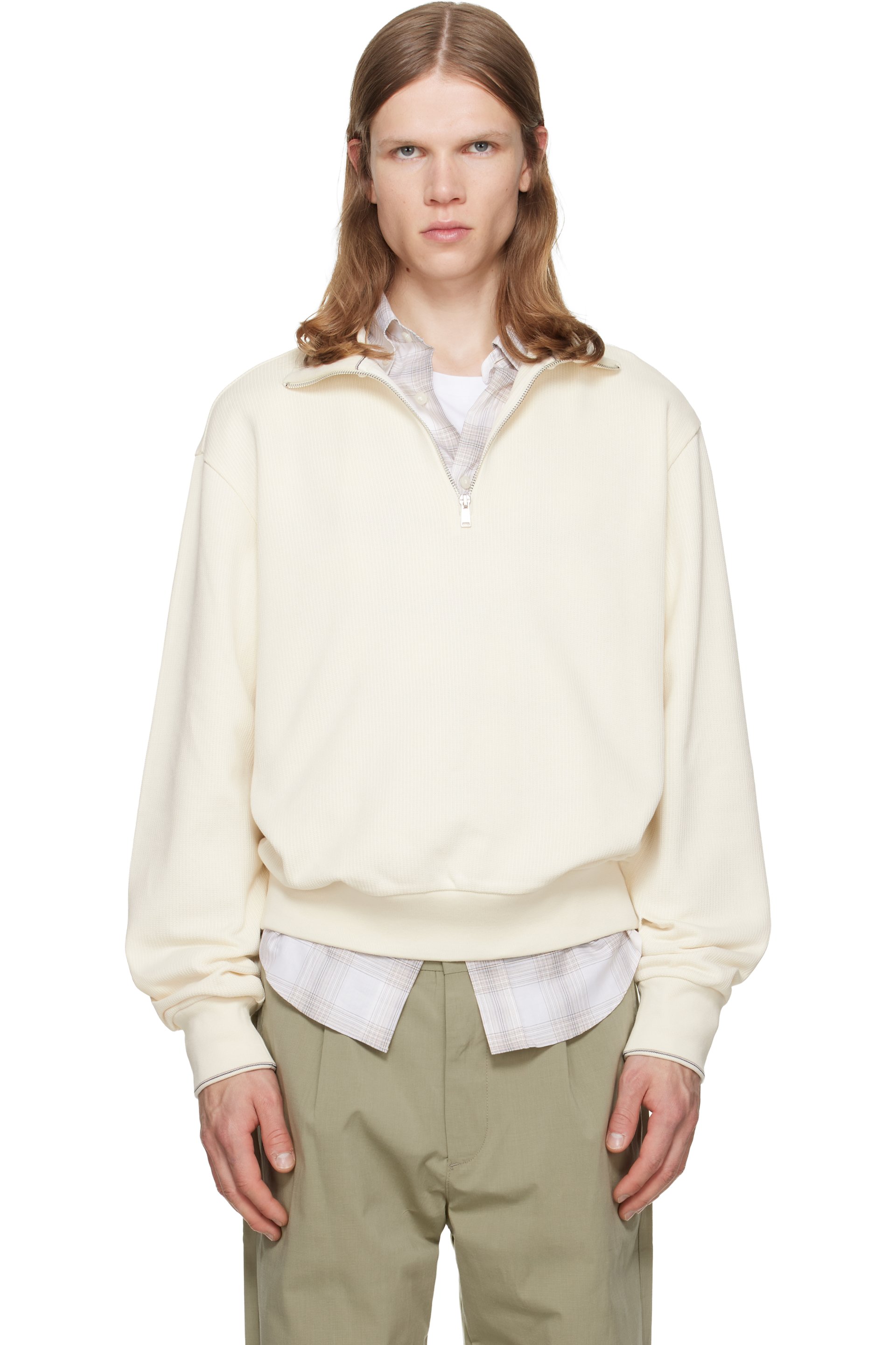 BOSS - Off-White Zipper Neck Structured Cotton Sweatshirt