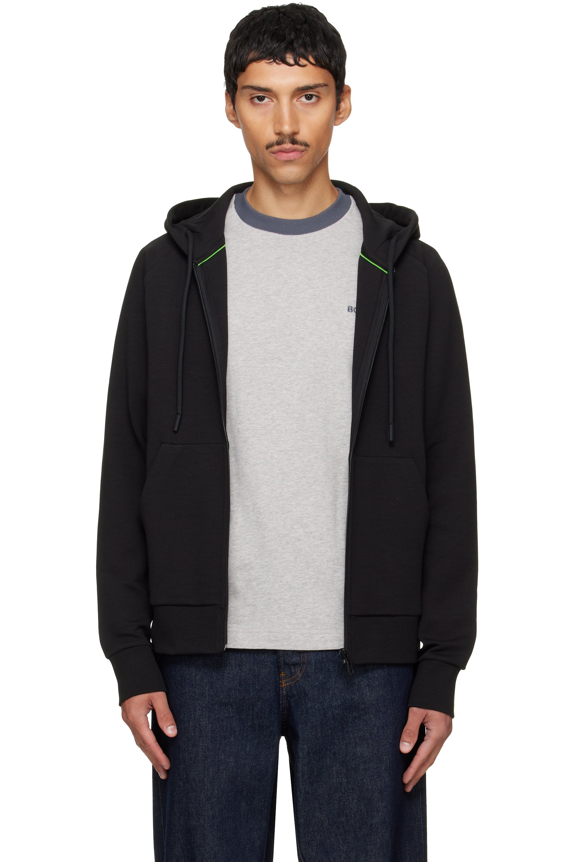 BOSS - Black Puff Logo Stretch-Cotton Zip-Up Hoodie
