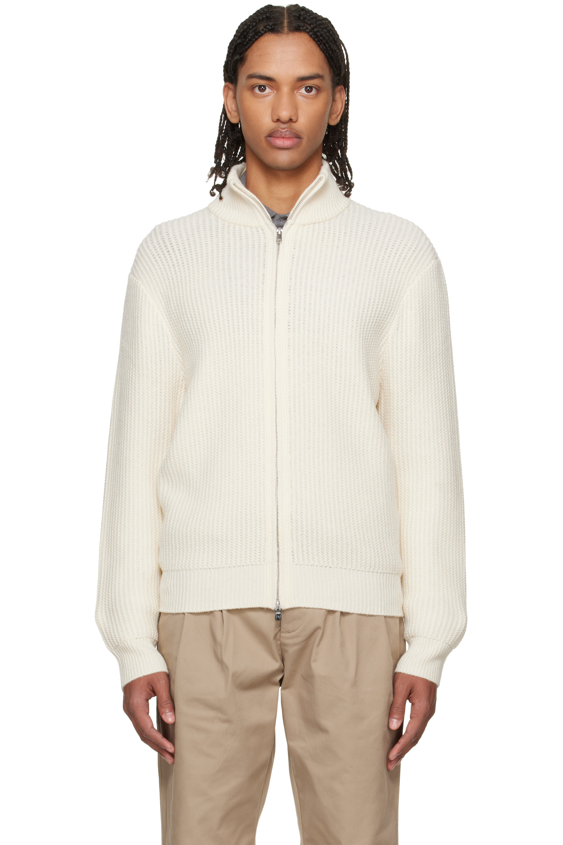 BOSS - Off-White Zip-Up Structured Wool Cashmere Sweater