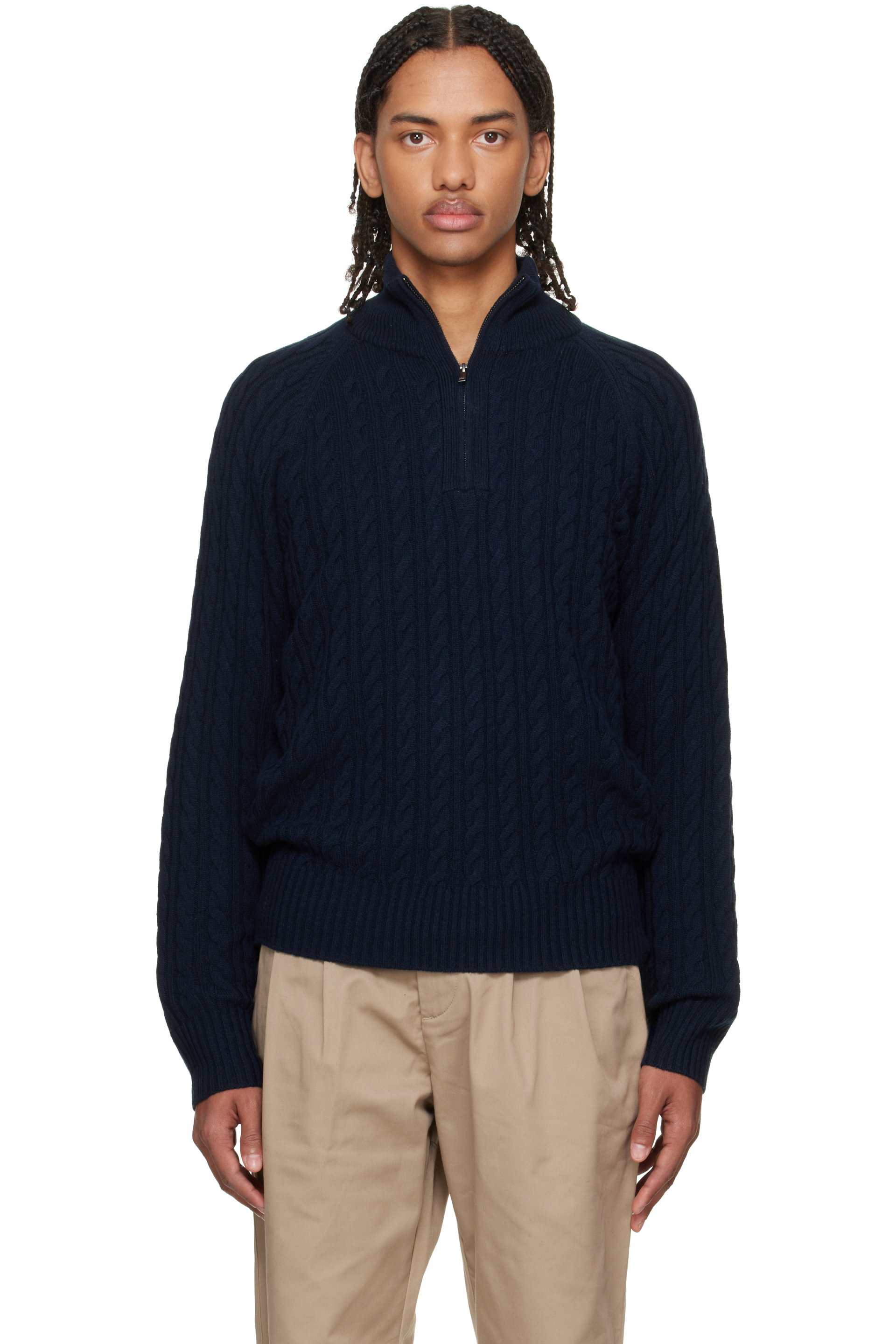 BOSS - Navy Zip-Neck All-Over Cable Pattern Sweater