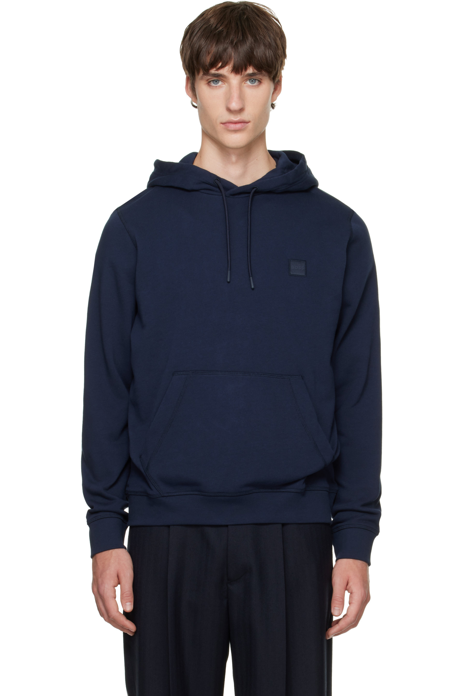 BOSS - Navy Logo-Patch Cotton Terry Hoodie