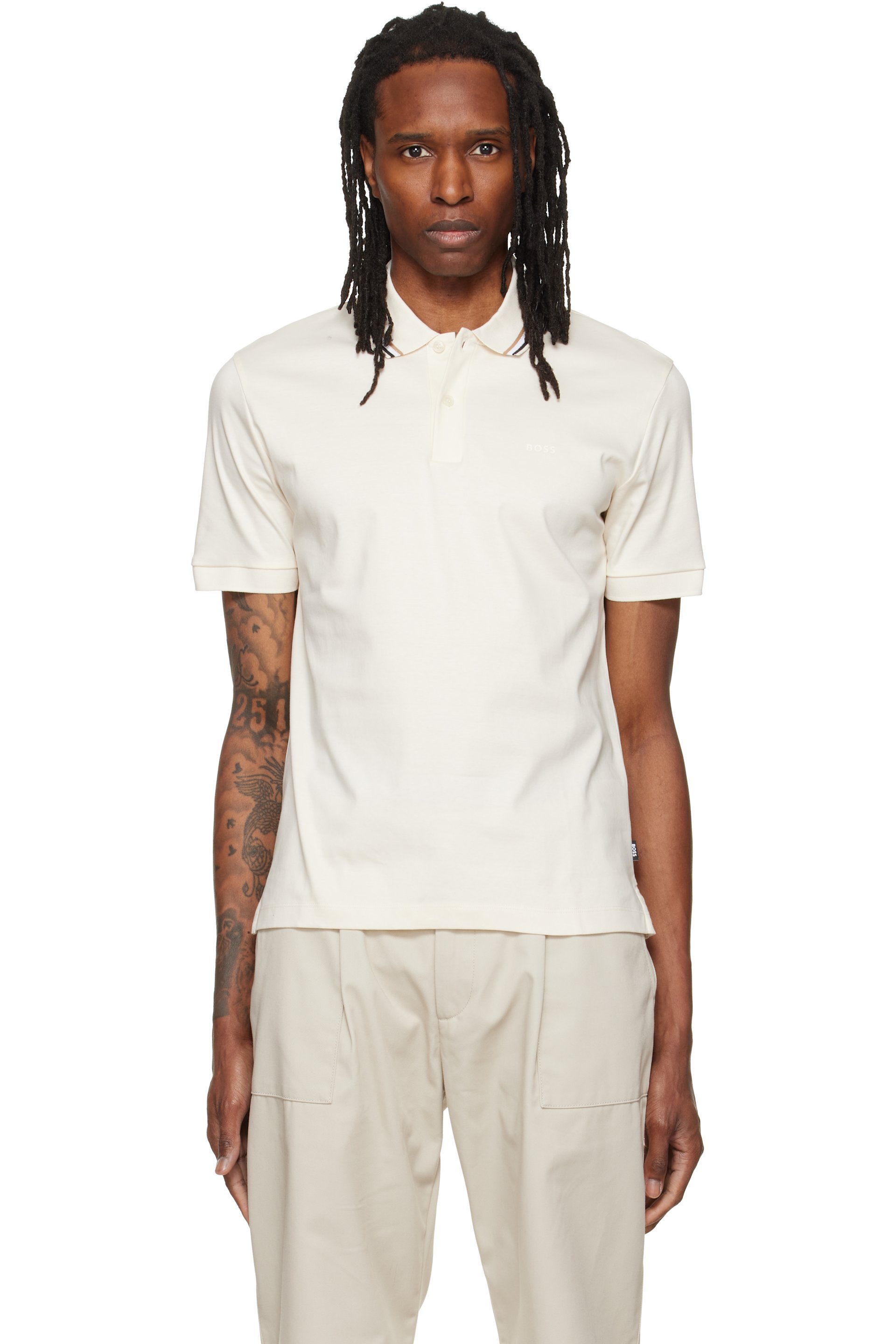 BOSS - Off-White Striped Collar Slim-Fit Cotton Polo