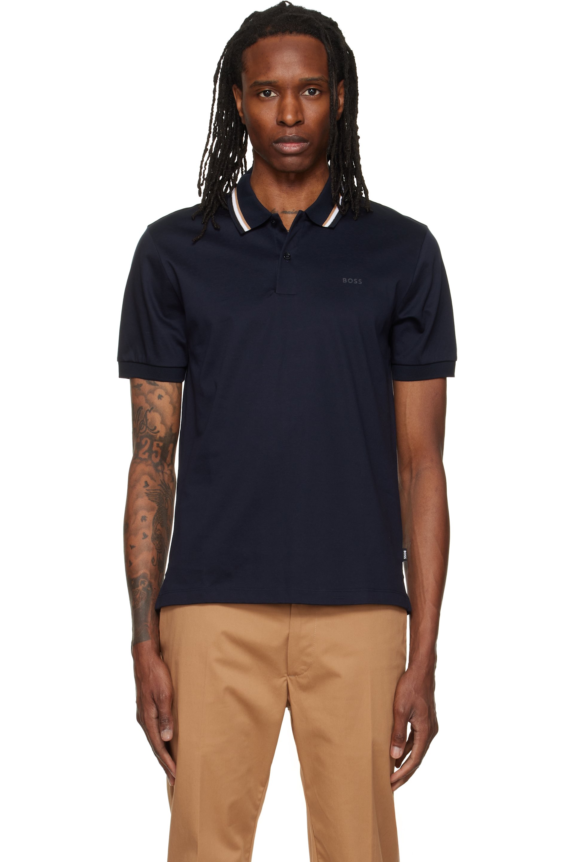 BOSS - Navy Striped Collar Slim-Fit Cotton Polo