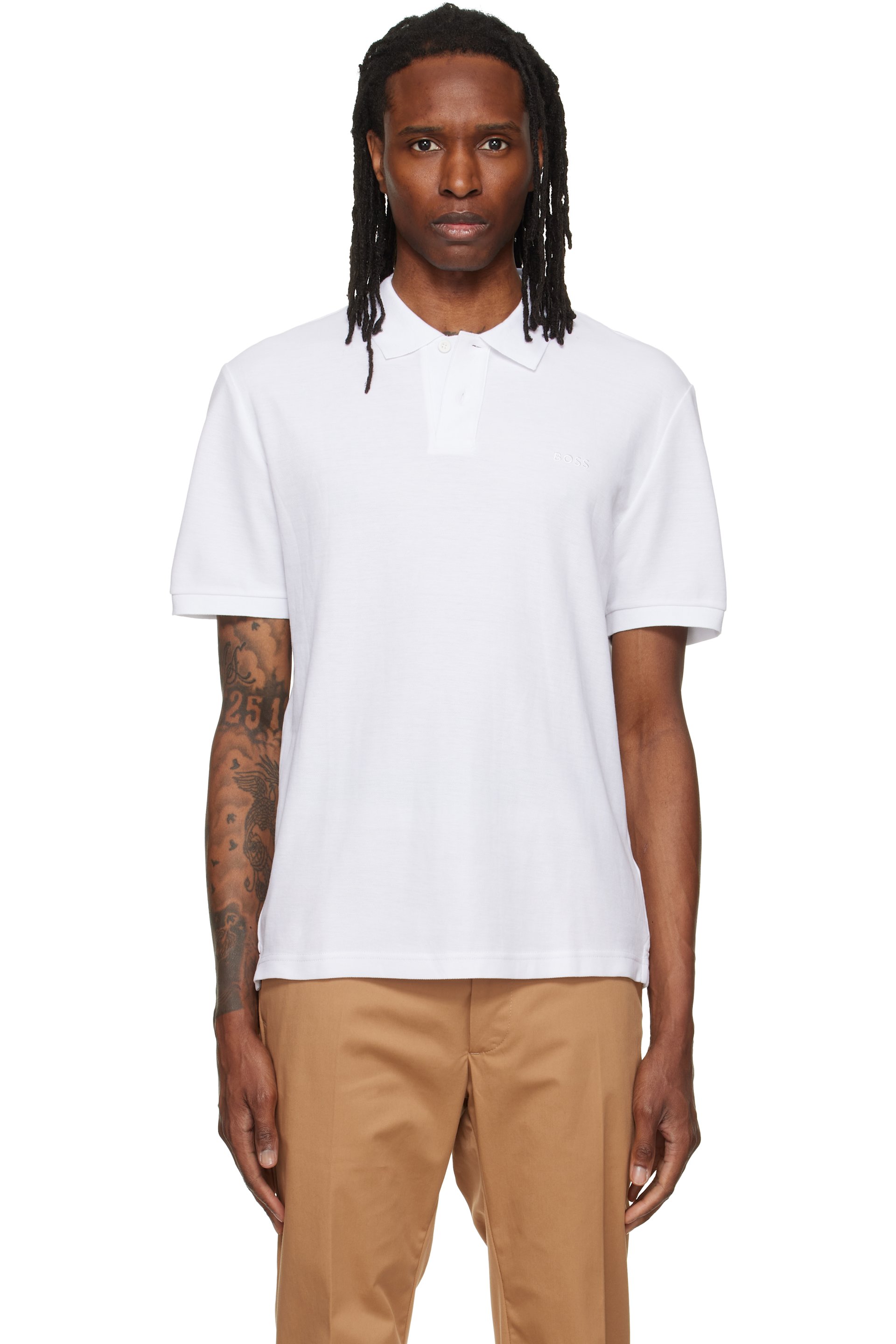 BOSS - White Embroidered-Logo Polo