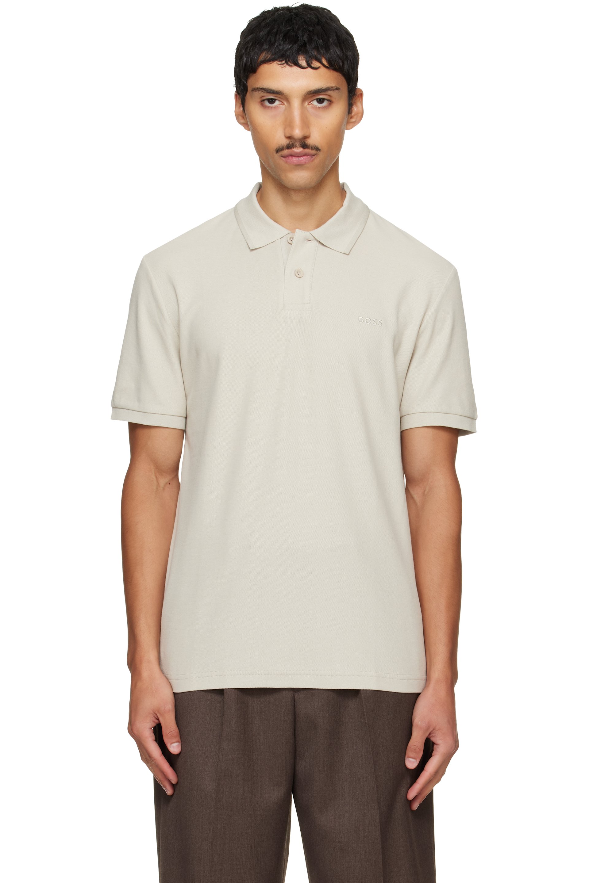 BOSS - Beige Regular-Fit Honeycomb-Structured Cotton Pique Polo