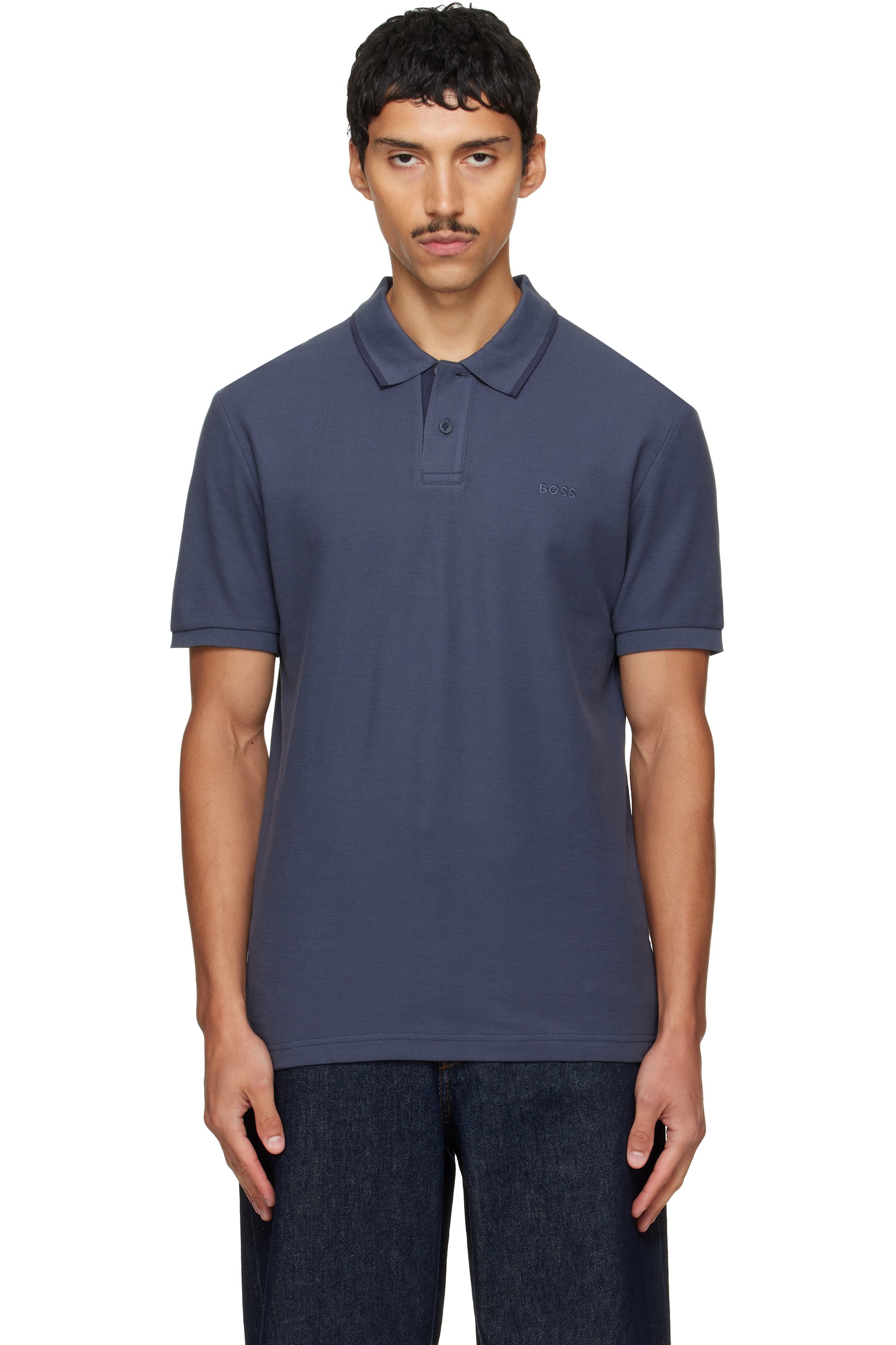BOSS - Navy Regular-Fit Honeycomb-Structured Cotton Pique Polo