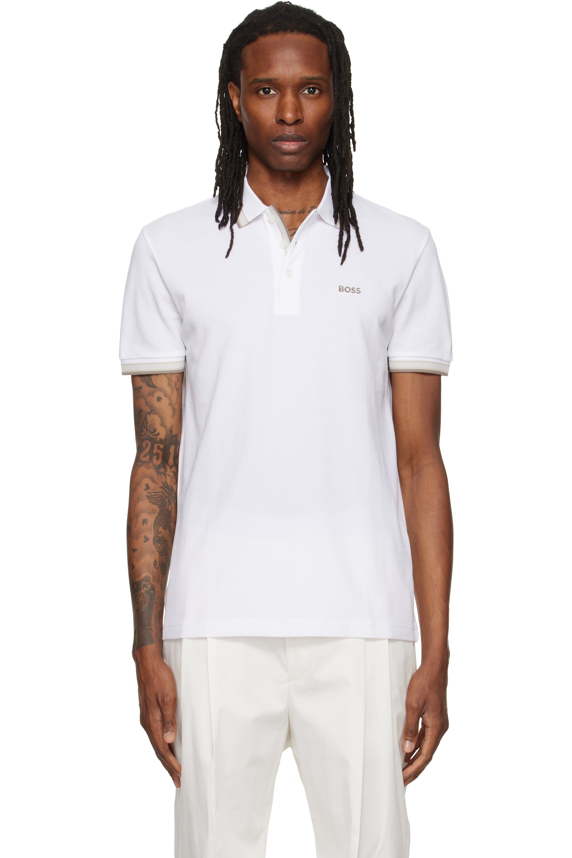 BOSS - White Contrast-Tipped Cotton Piqué Polo