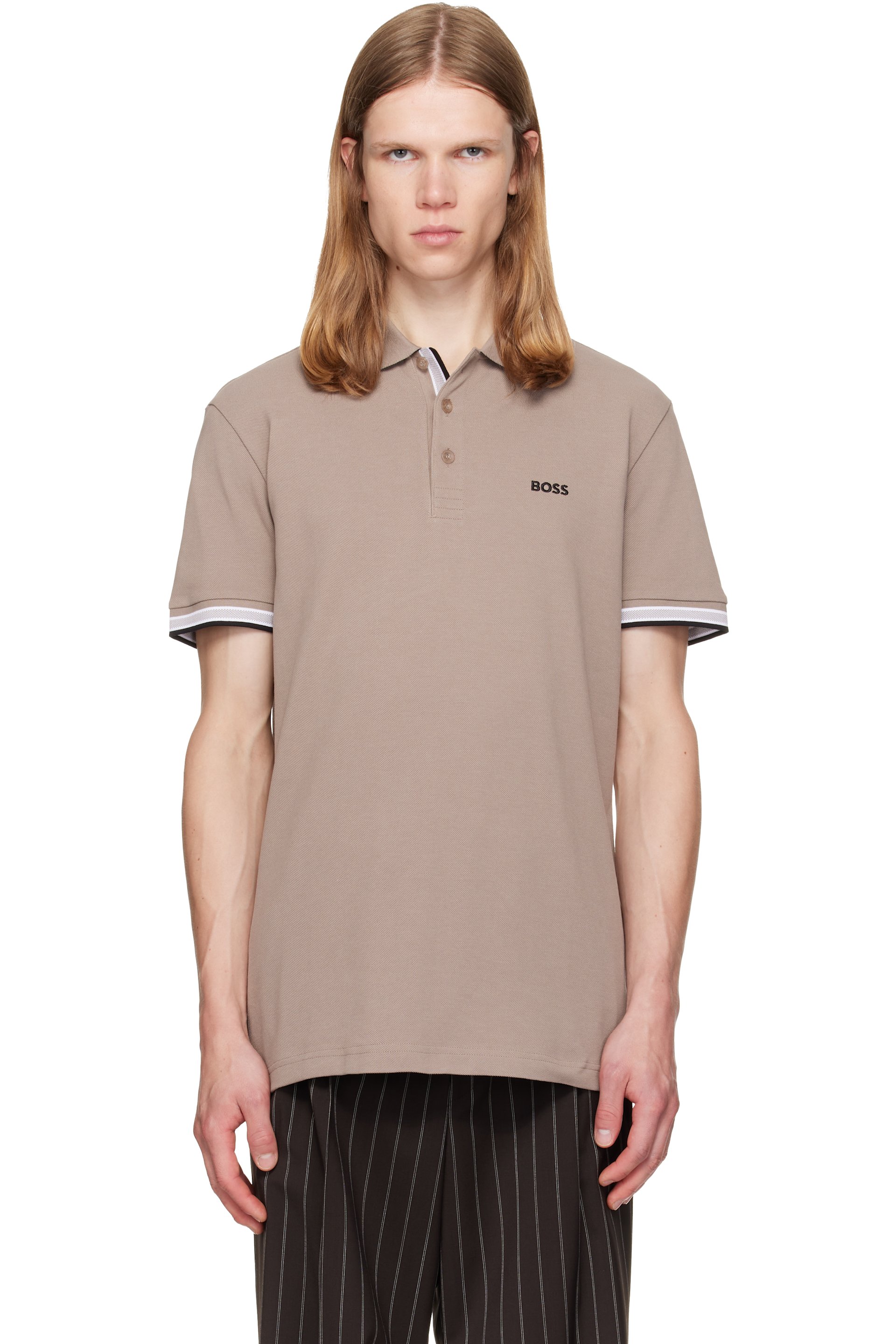 BOSS - Taupe Contrast-Tipped Cotton Piqué Polo