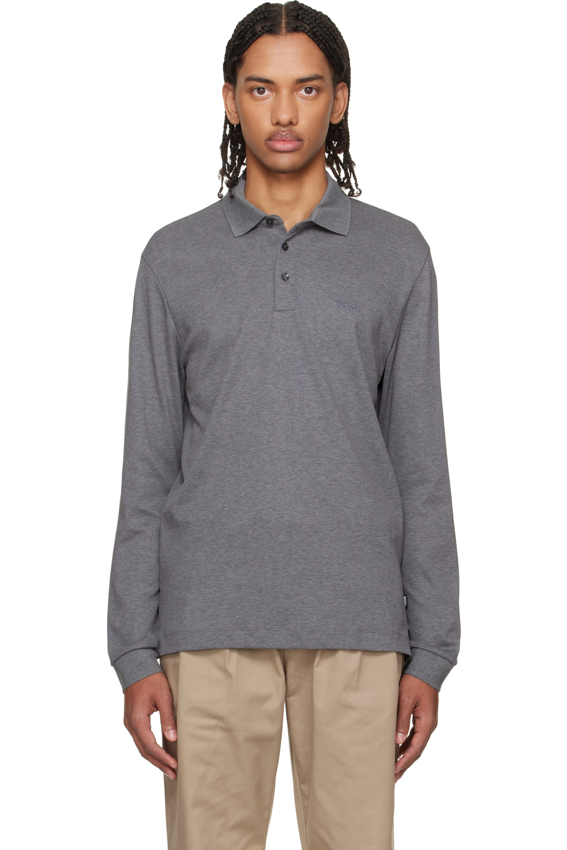 BOSS - Gray Long-Sleeved Interlock Cotton Logo Polo