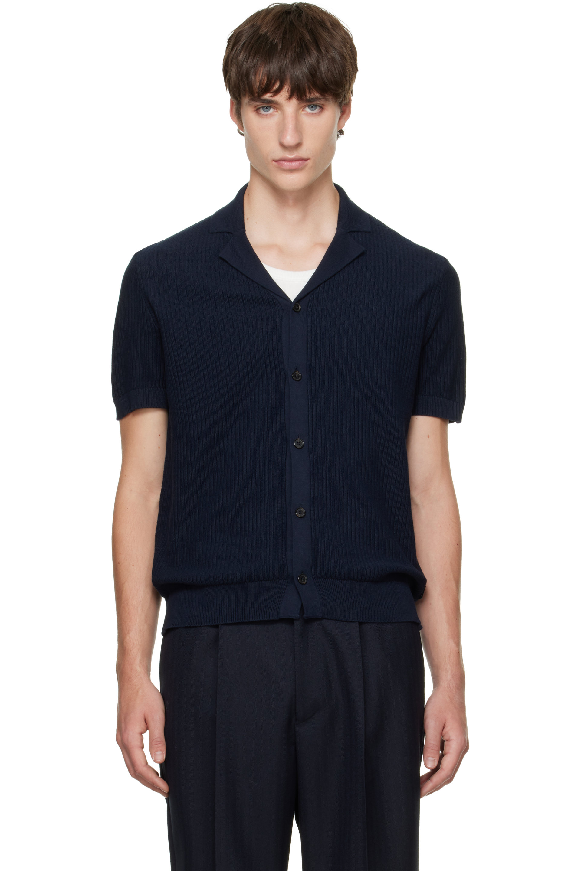 BOSS - Navy Rib-Knit Cotton Shirt