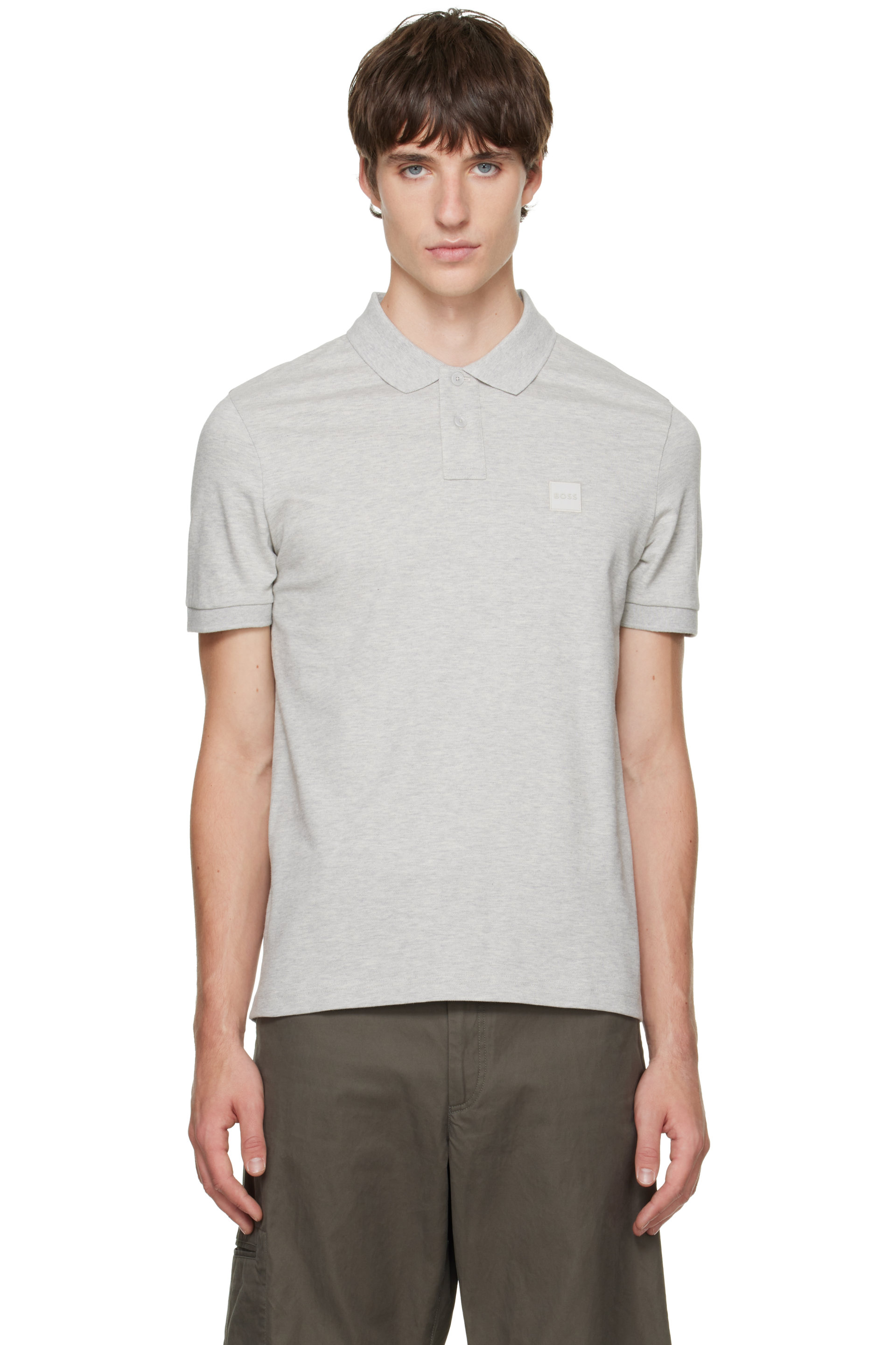 BOSS - Gray Stretch-Cotton Slim-Fit Logo Patch Polo