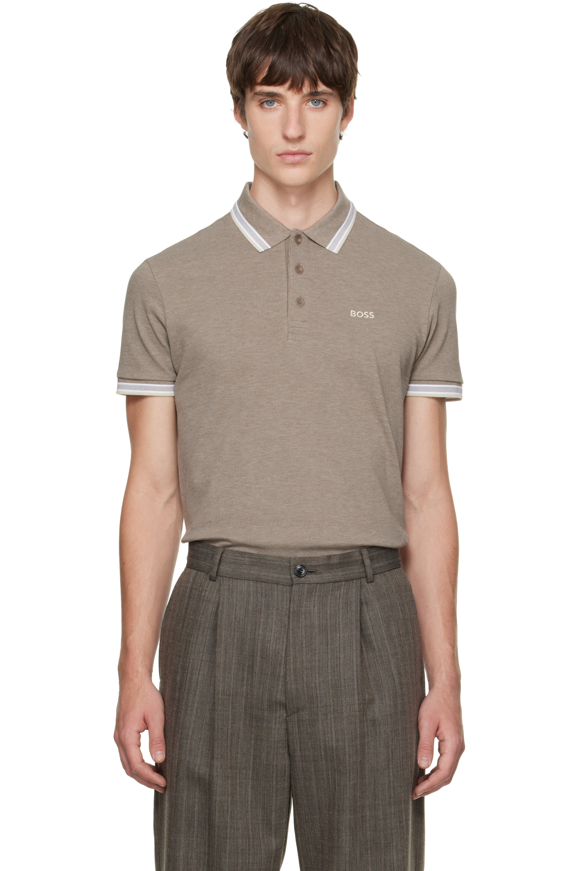 BOSS - Taupe Cotton Piqué Logo Details Polo