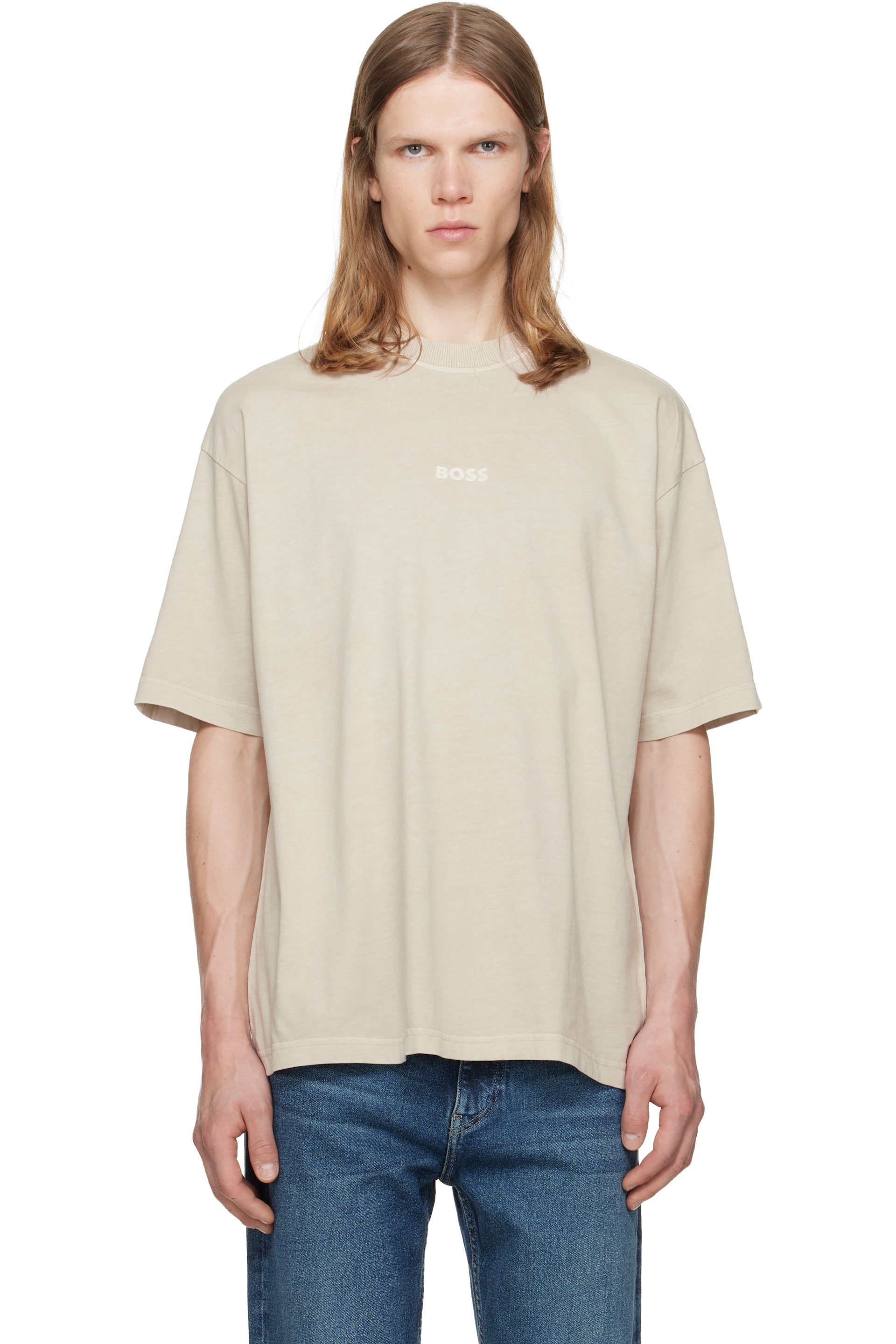 BOSS - Beige Relaxed-Fit Cotton Embroidered Logo T-shirt