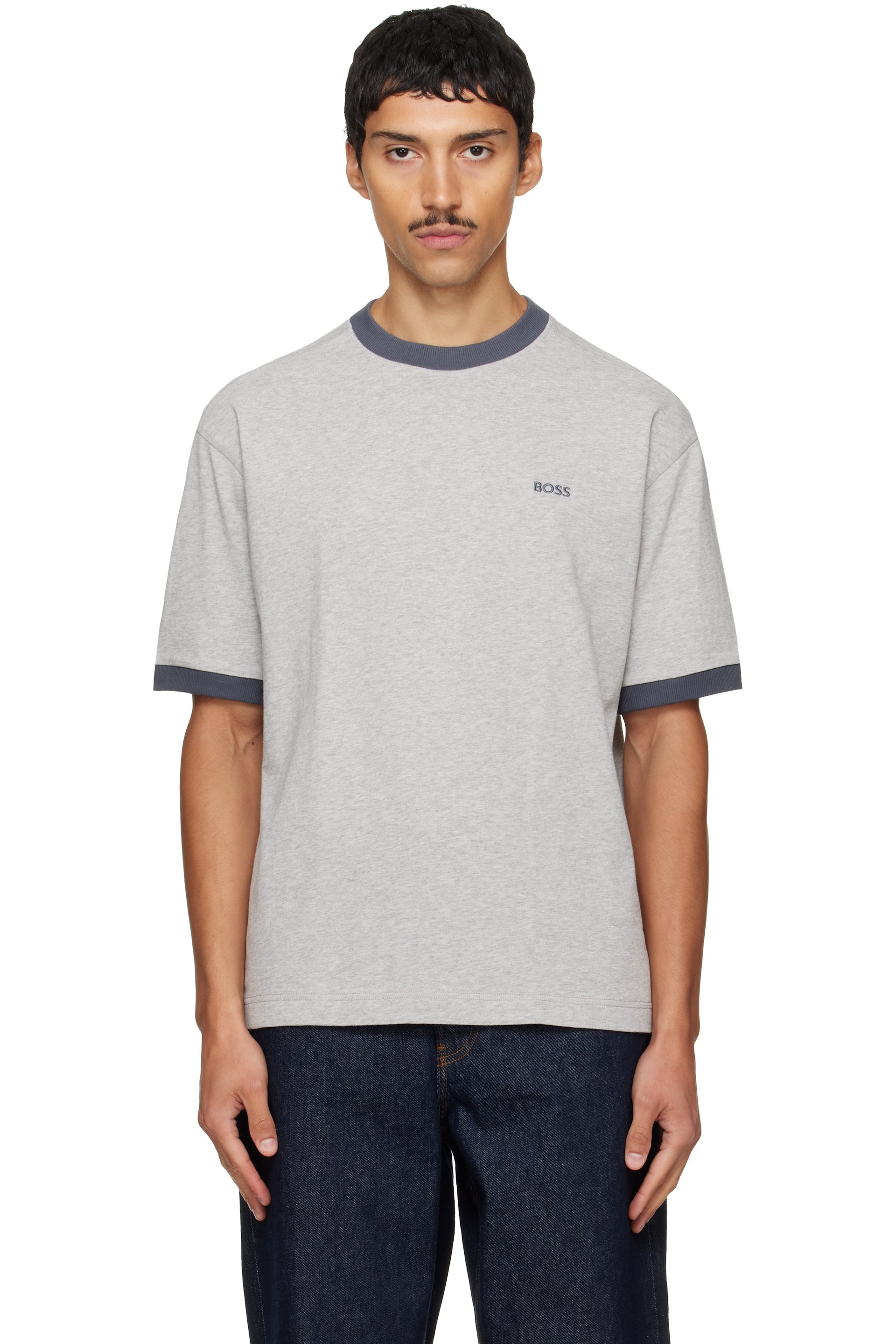 BOSS - Gray Embroidered-Logo T-shirt