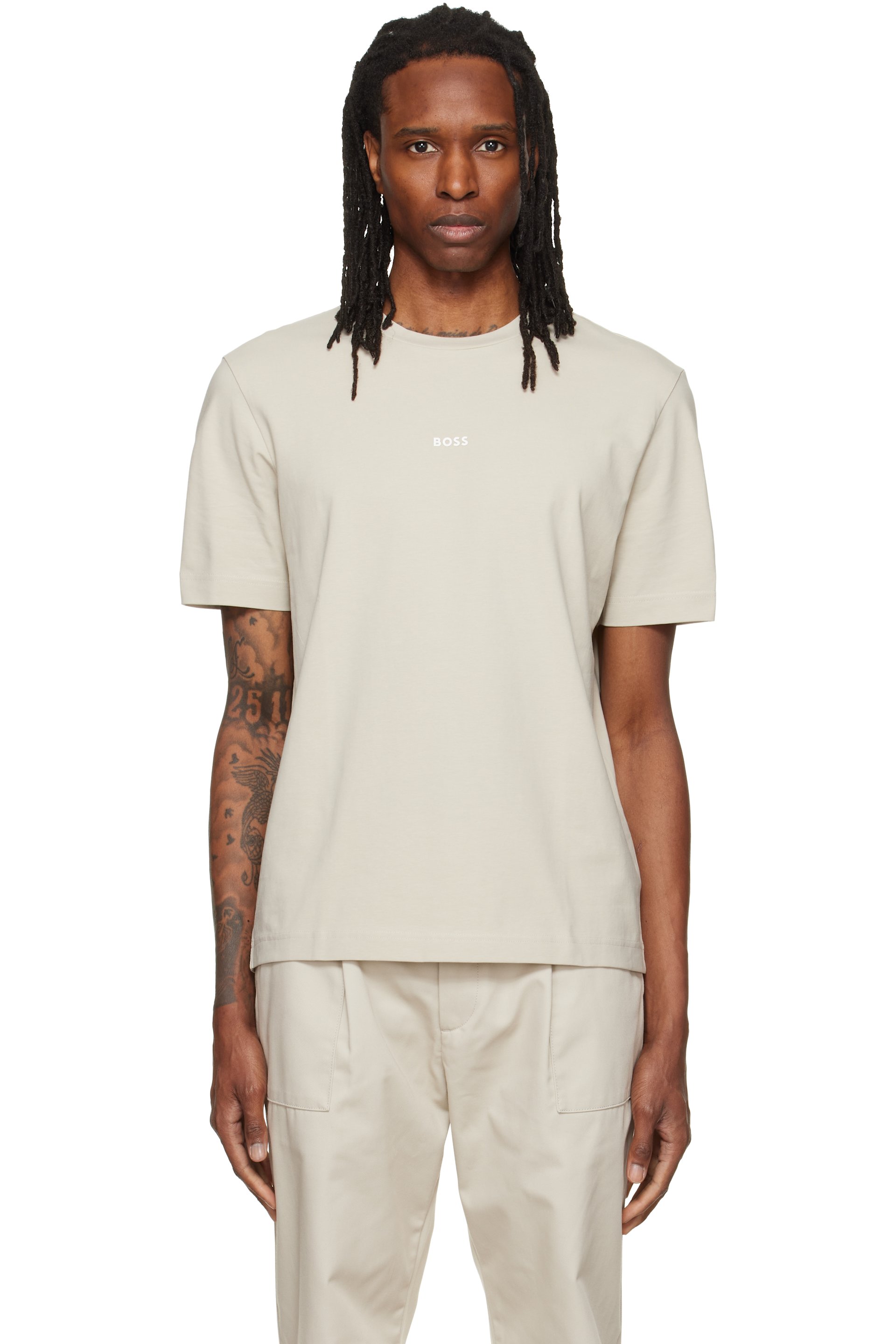 BOSS - Beige Relaxed-Fit Layered Logo Print T-shirt