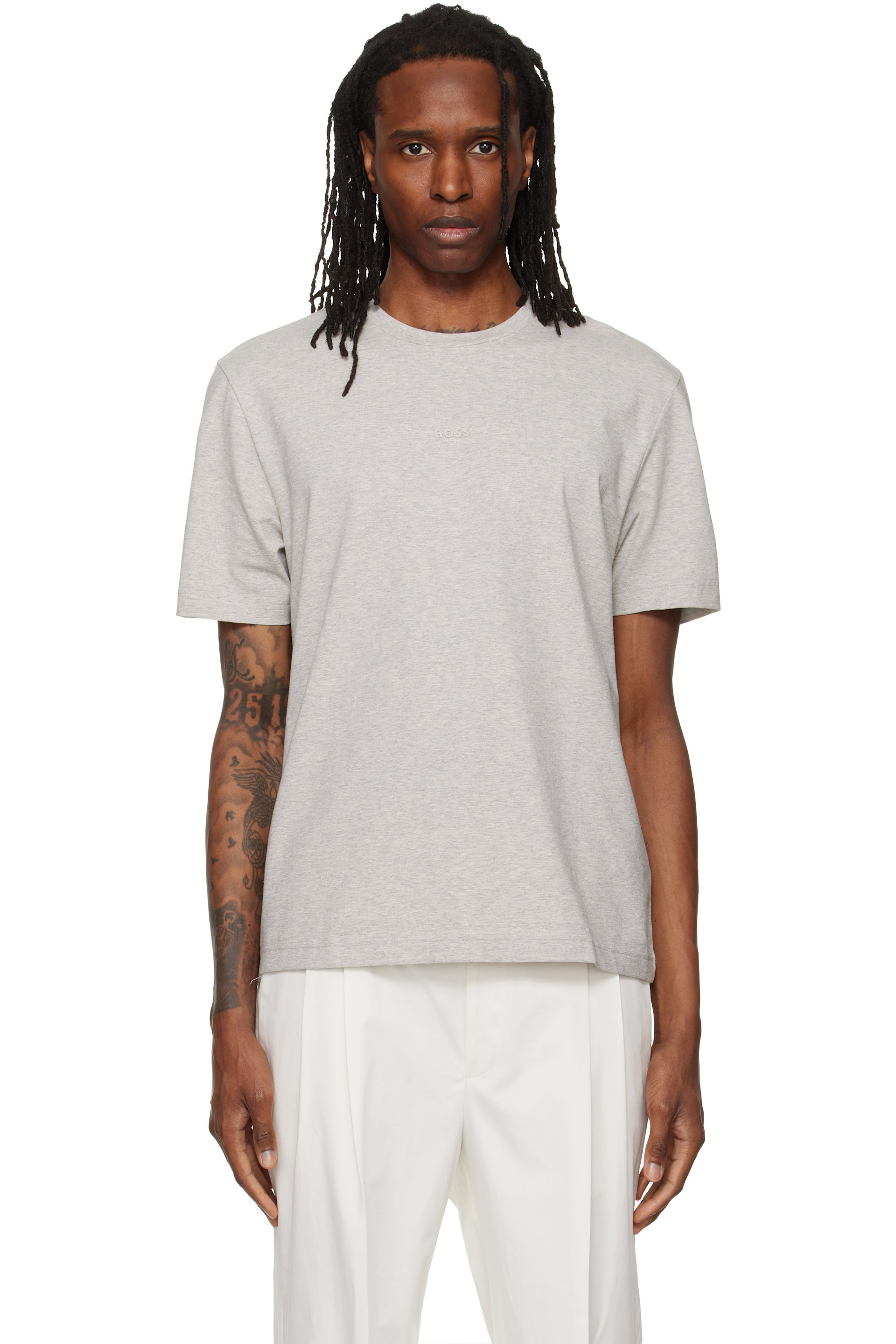 BOSS - 灰色 Relaxed-Fit Layered Logo Print T 恤