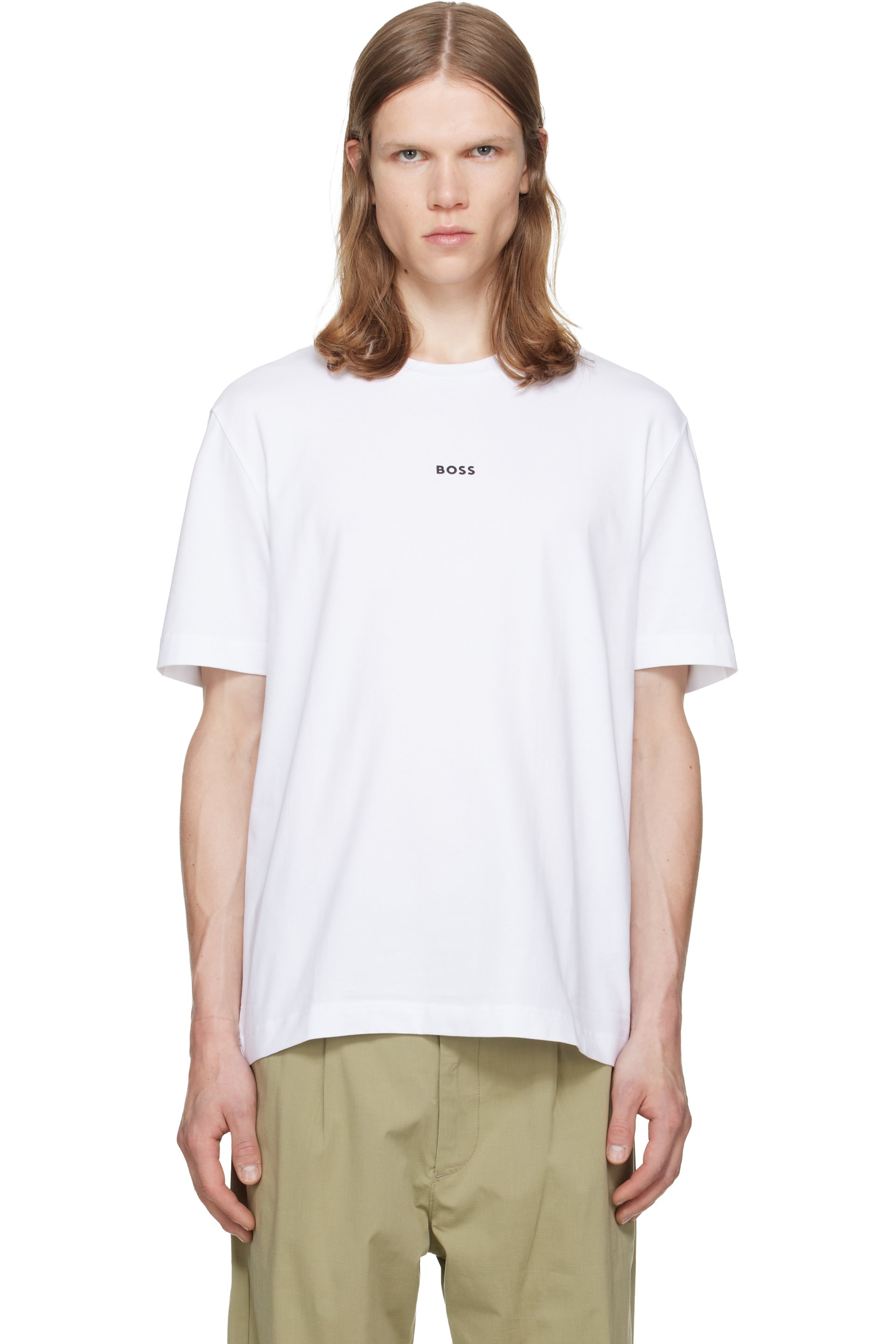 BOSS - White Stretch-Cotton Contrast Logo T-shirt