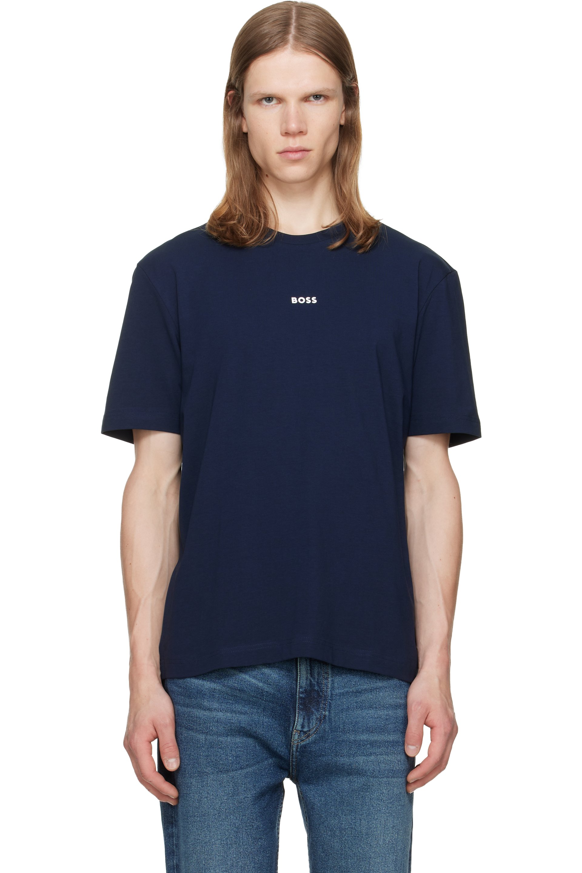 BOSS - Navy Stretch-Cotton Contrast Logo T-shirt
