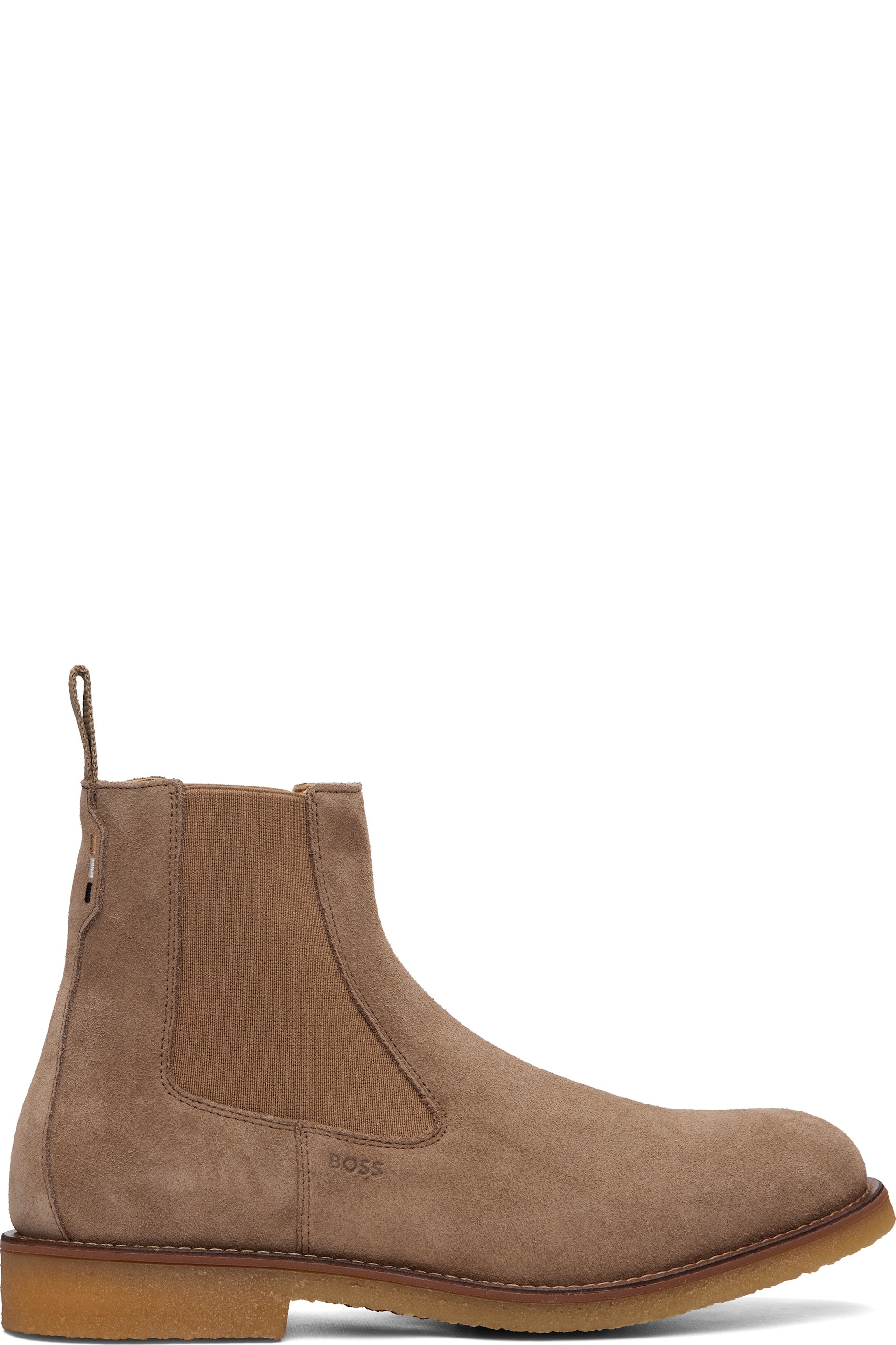 BOSS - Beige Suede Signature-Stripe Stitching Chelsea Boots