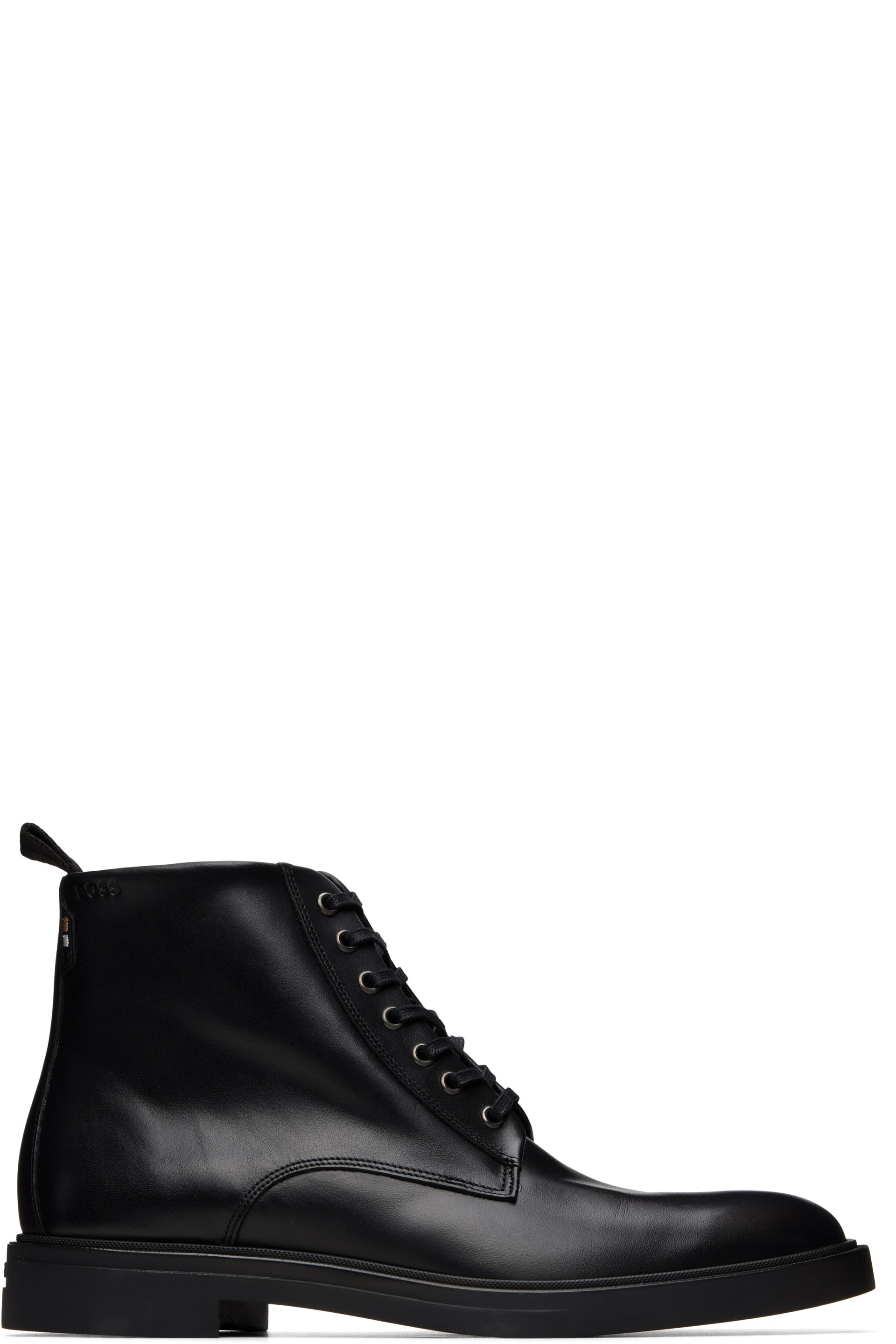 BOSS - Black Side Zip Leather Lace-Up Boots