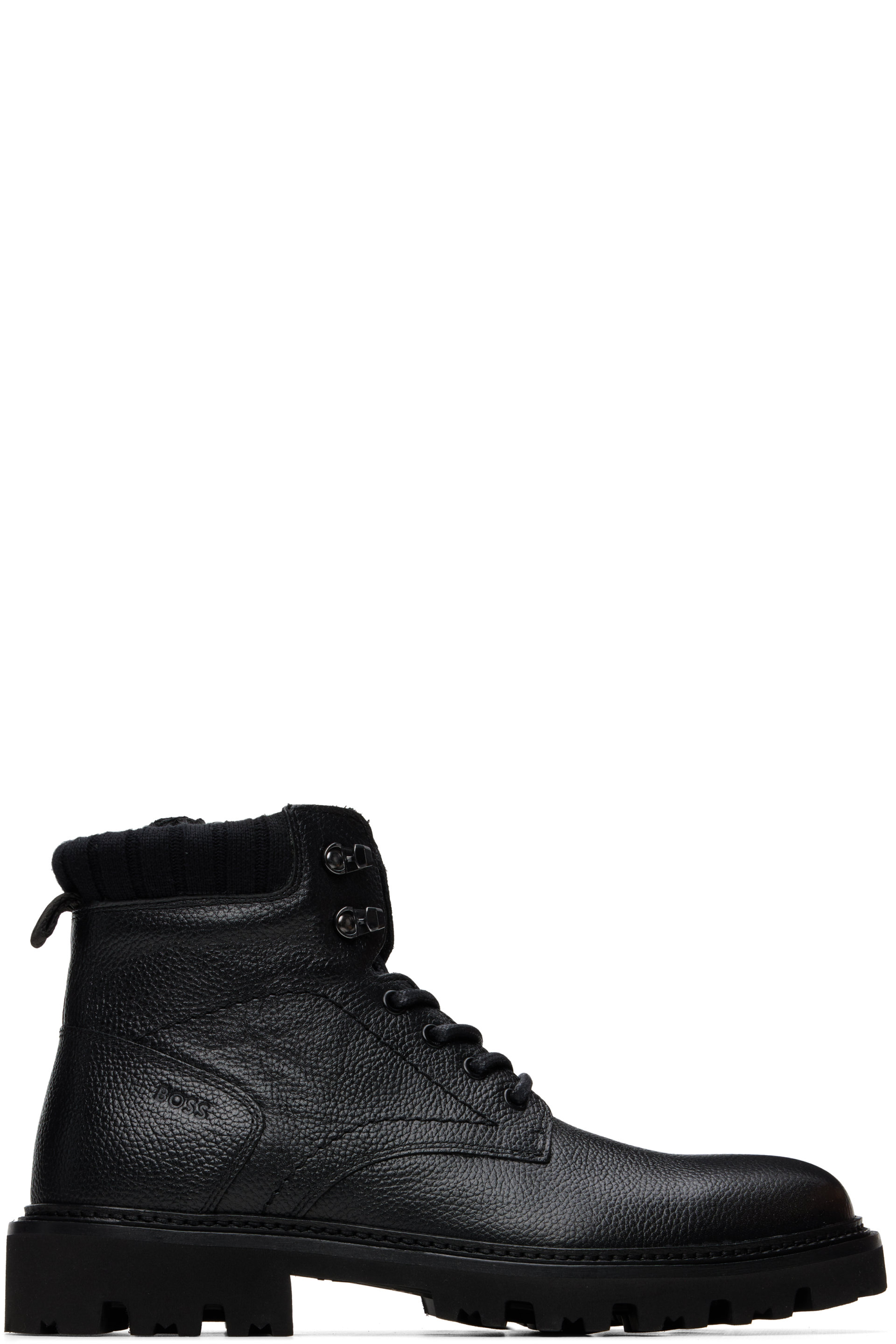 BOSS - Black Padded Collar Leather Lace-Up Boots