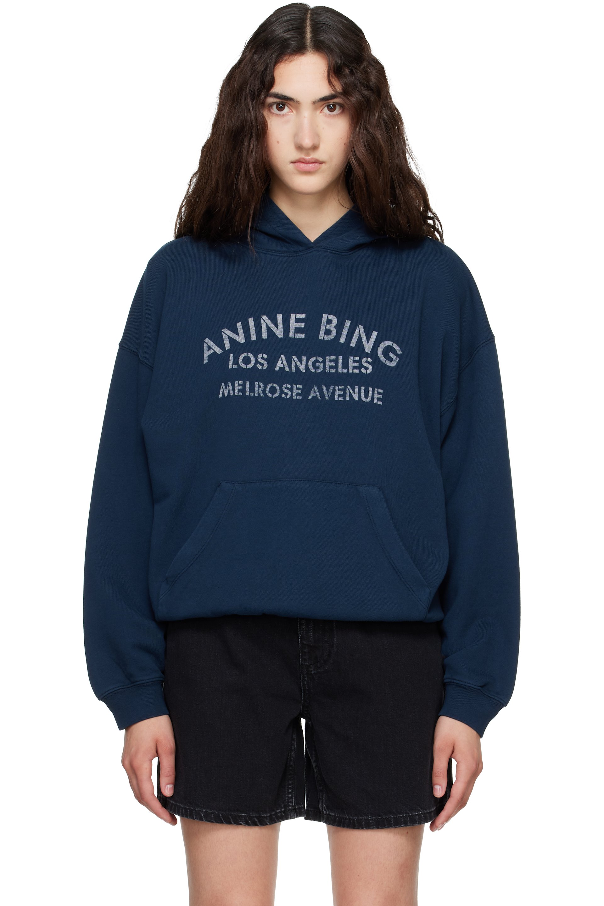 ANINE BING - Navy Harvey 'Melrose' Stencil Hoodie