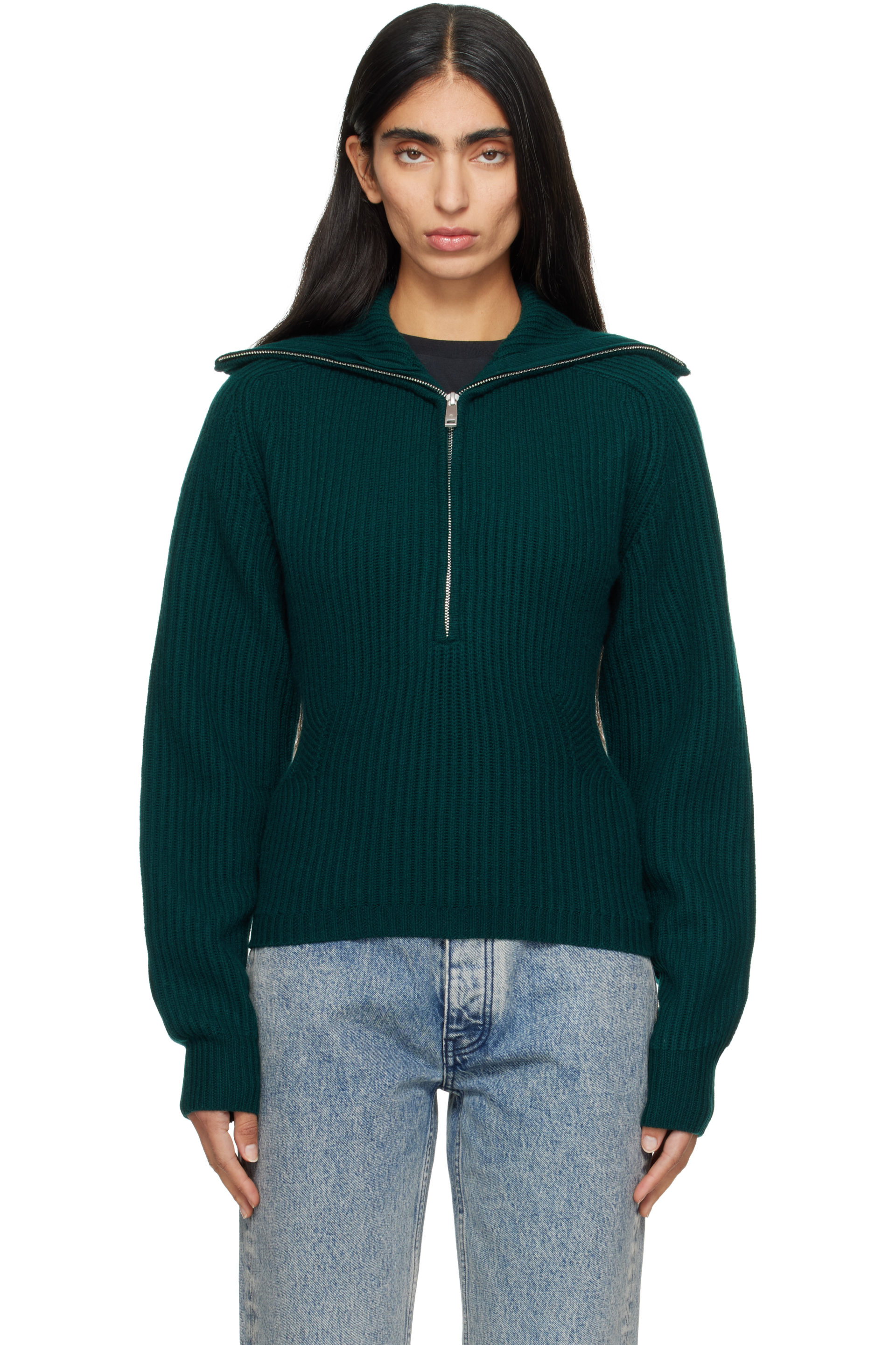 ANINE BING - Green June Trucker Collar Sweater