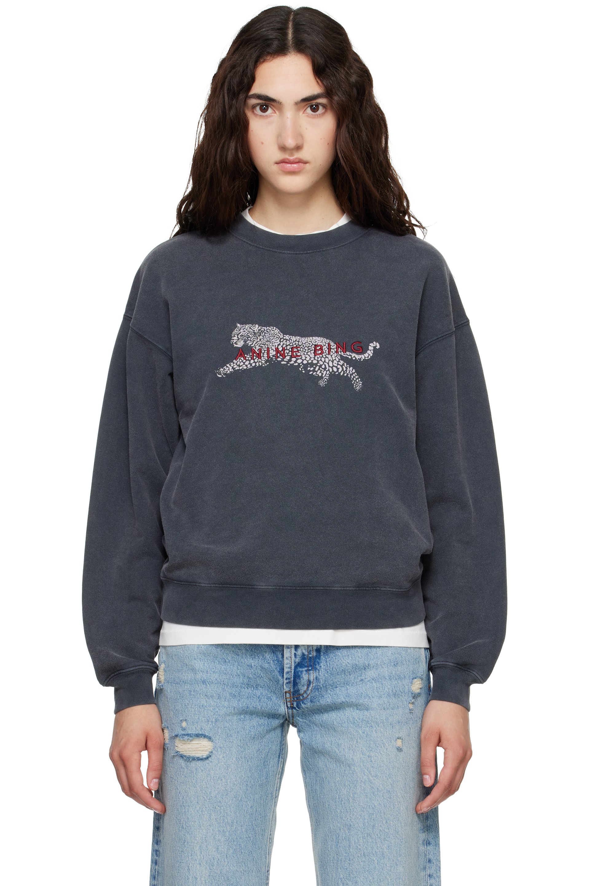 ANINE BING - Gray Spencer Leopard Sweatshirt