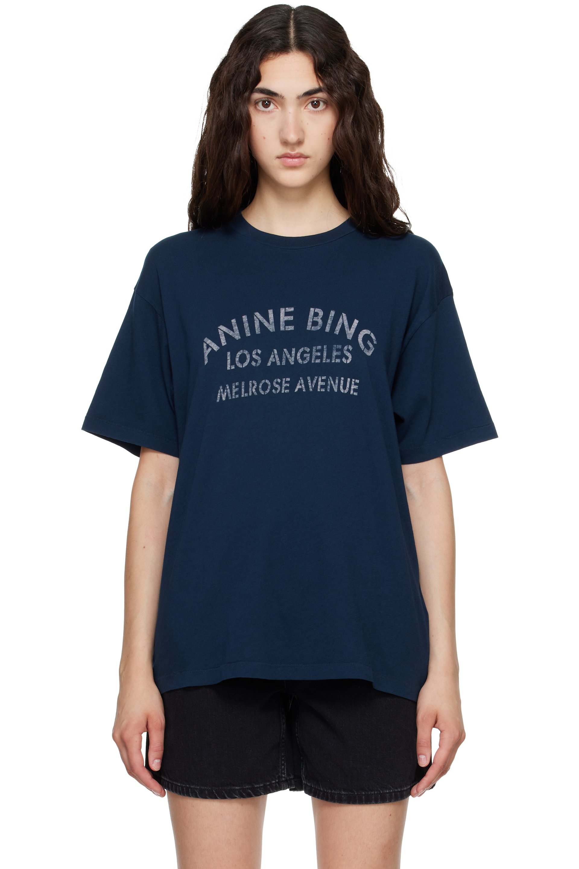 ANINE BING - Navy Cade 'Melrose' Stencil T-shirt