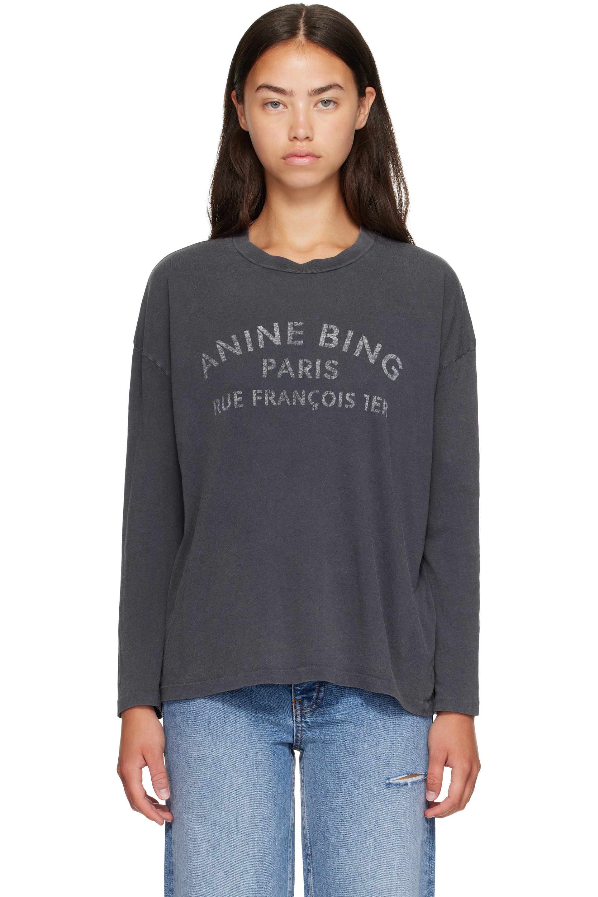 ANINE BING - Black Ivan Long Sleeve 'Paris' Stencil T-shirt