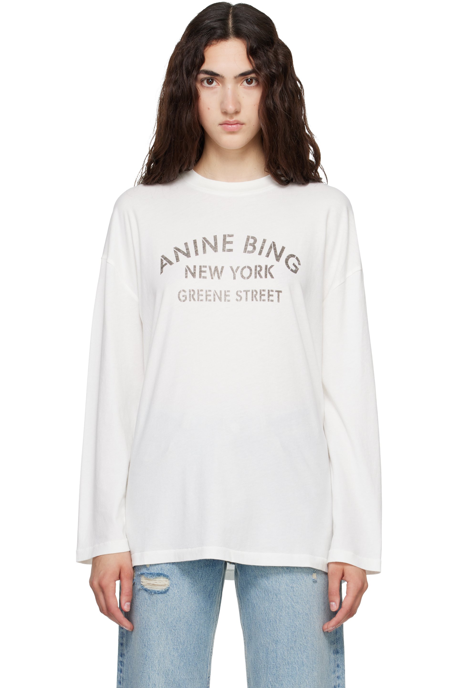 ANINE BING - White Ivan Long Sleeve 'New York' Stencil T-shirt